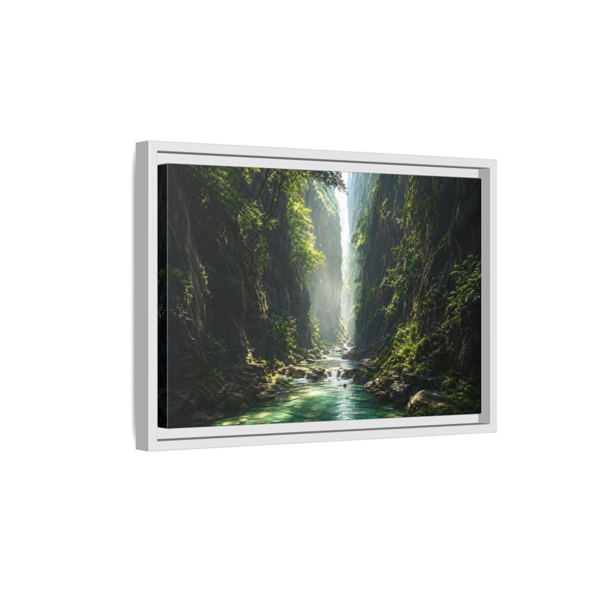 Side Mockup 4. Nature Canyon River Emerald Green Canyon shown as stretched canvas wall art