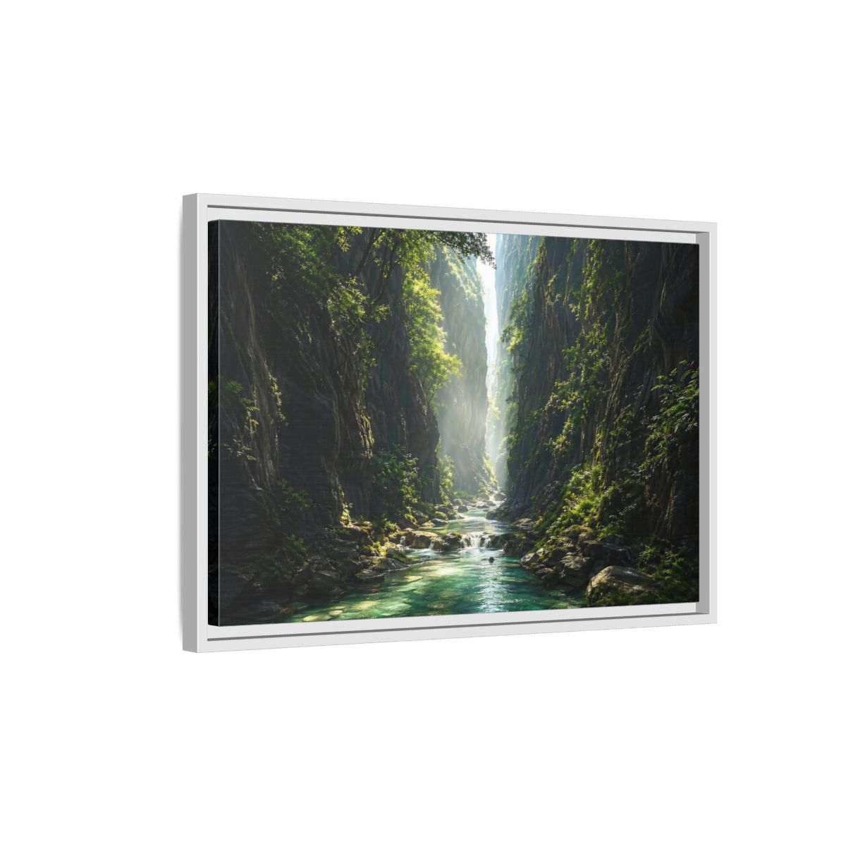 Side Mockup 1. Nature Canyon River Emerald Green Canyon shown as stretched canvas wall art