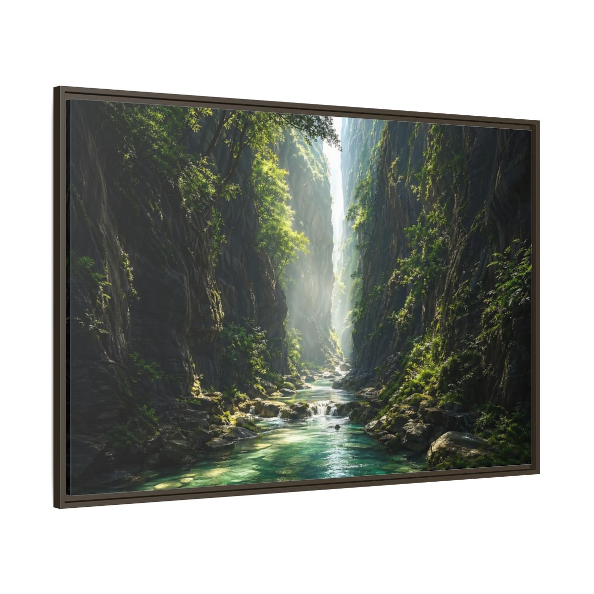 Side Mockup 8. Nature Canyon River Emerald Green Canyon shown as stretched canvas wall art