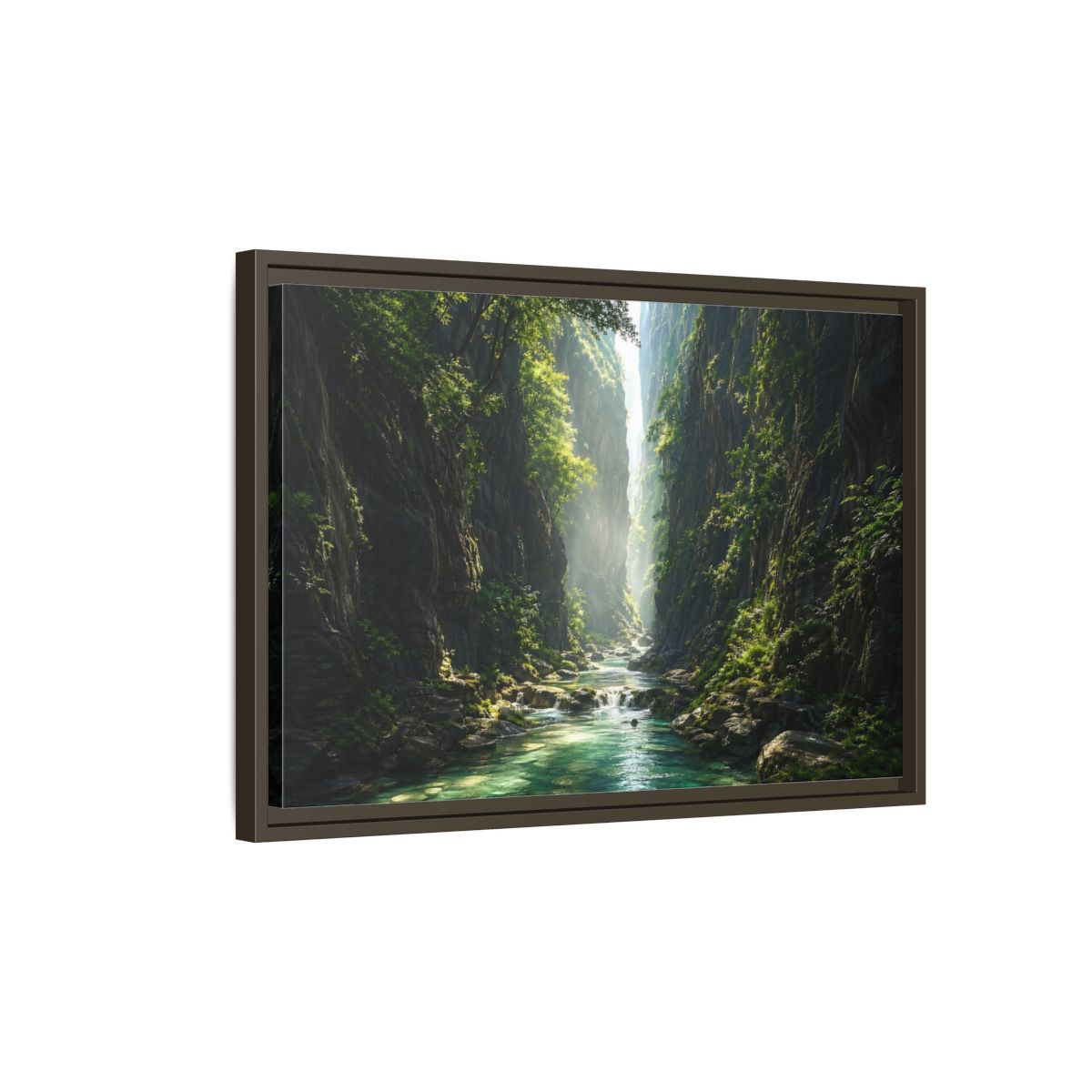Side Mockup 2. Nature Canyon River Emerald Green Canyon shown as stretched canvas wall art