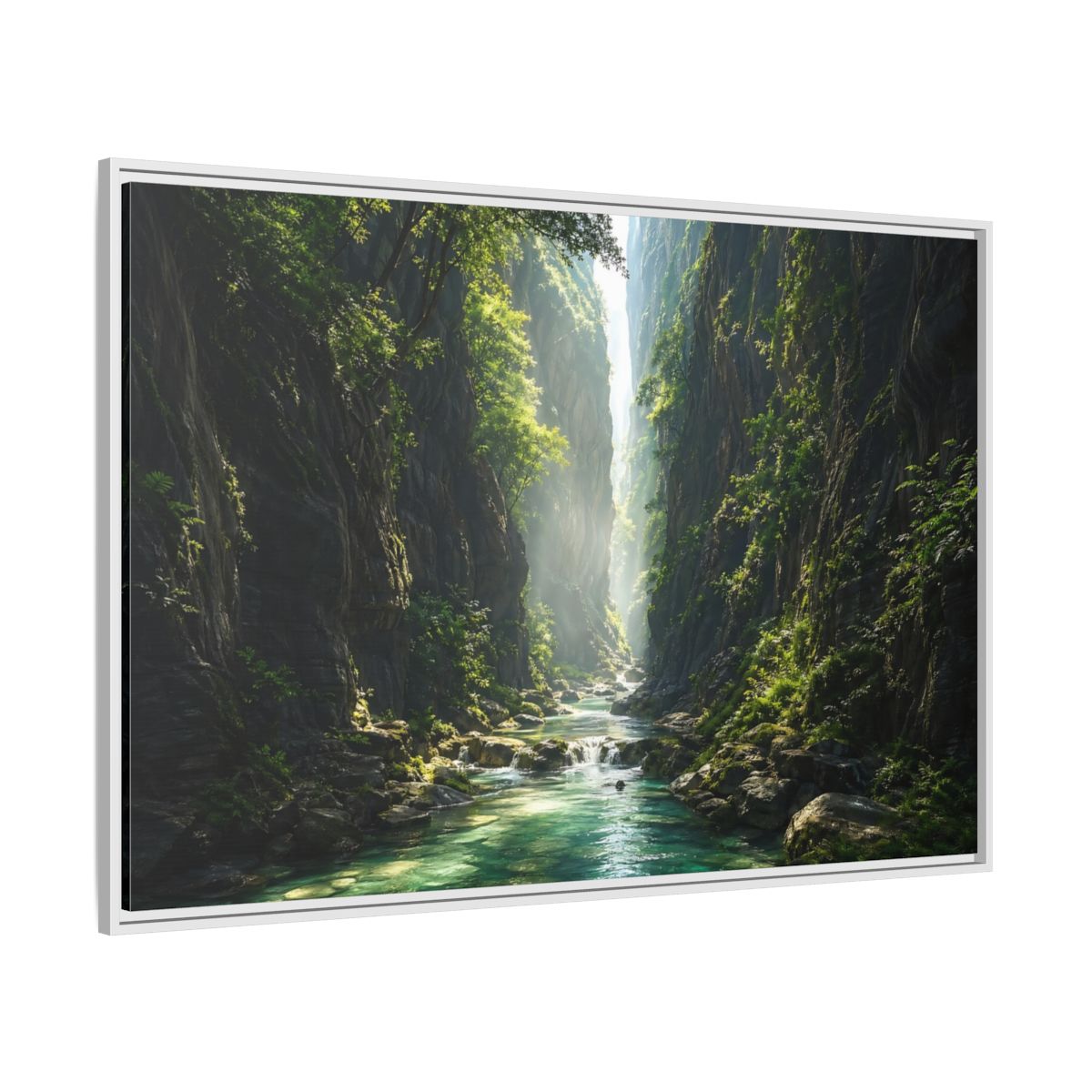 Side Mockup 7. Nature Canyon River Emerald Green Canyon shown as stretched canvas wall art