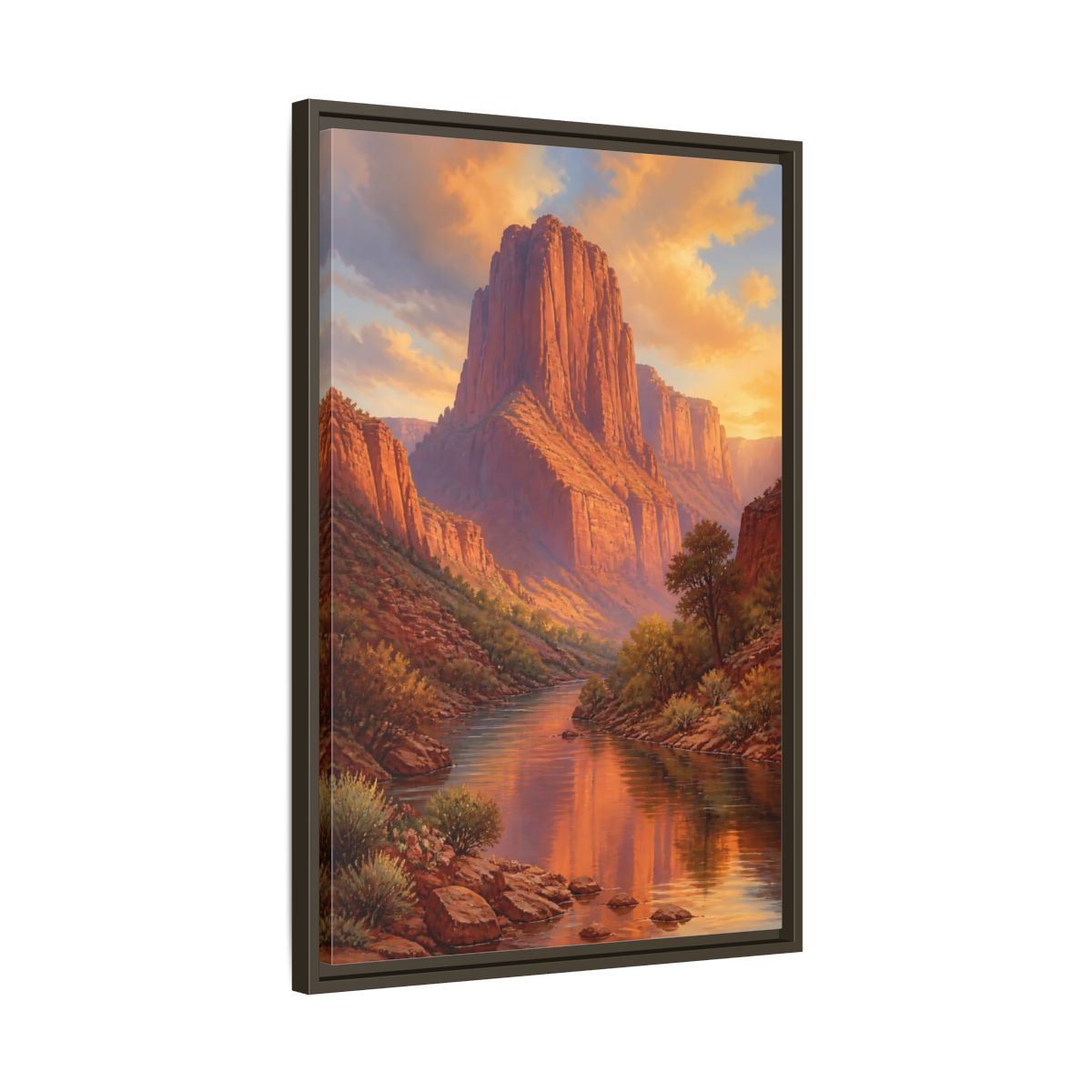 Nature Canyon River Orange Framed Canvas Wall Art - Living Room, Above Fireplace, Warm Tones shown as canvas wall art