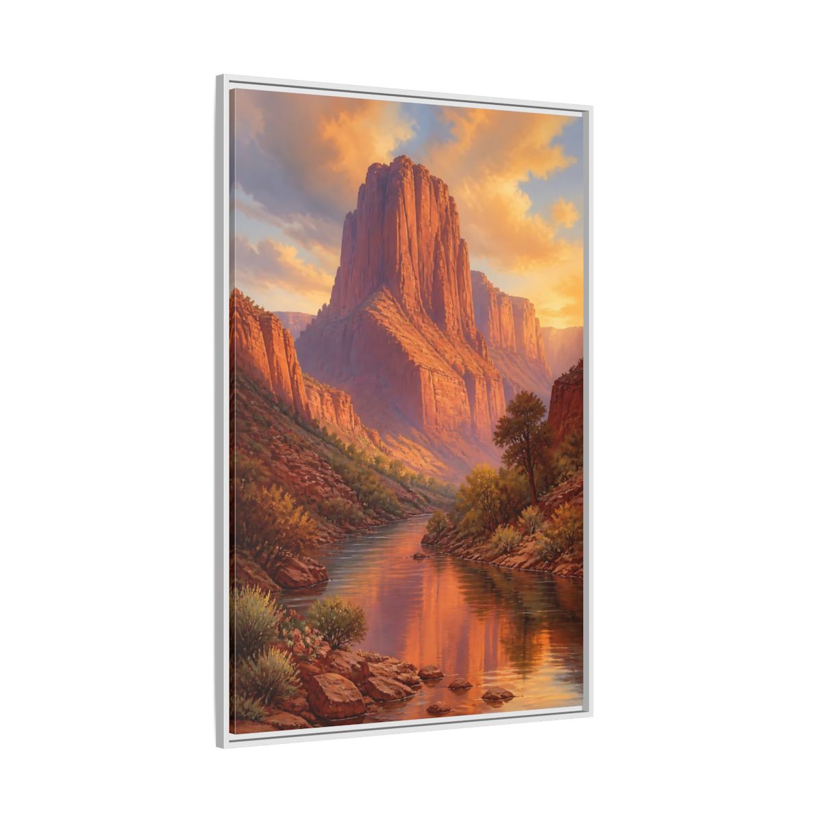 Nature Canyon River Orange Framed Canvas Wall Art - Living Room, Above Fireplace, Warm Tones shown as canvas wall art
