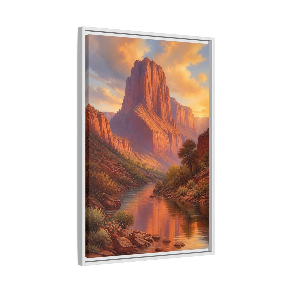 Nature Canyon River Orange Framed Canvas Wall Art - Living Room, Above Fireplace, Warm Tones shown as canvas wall art