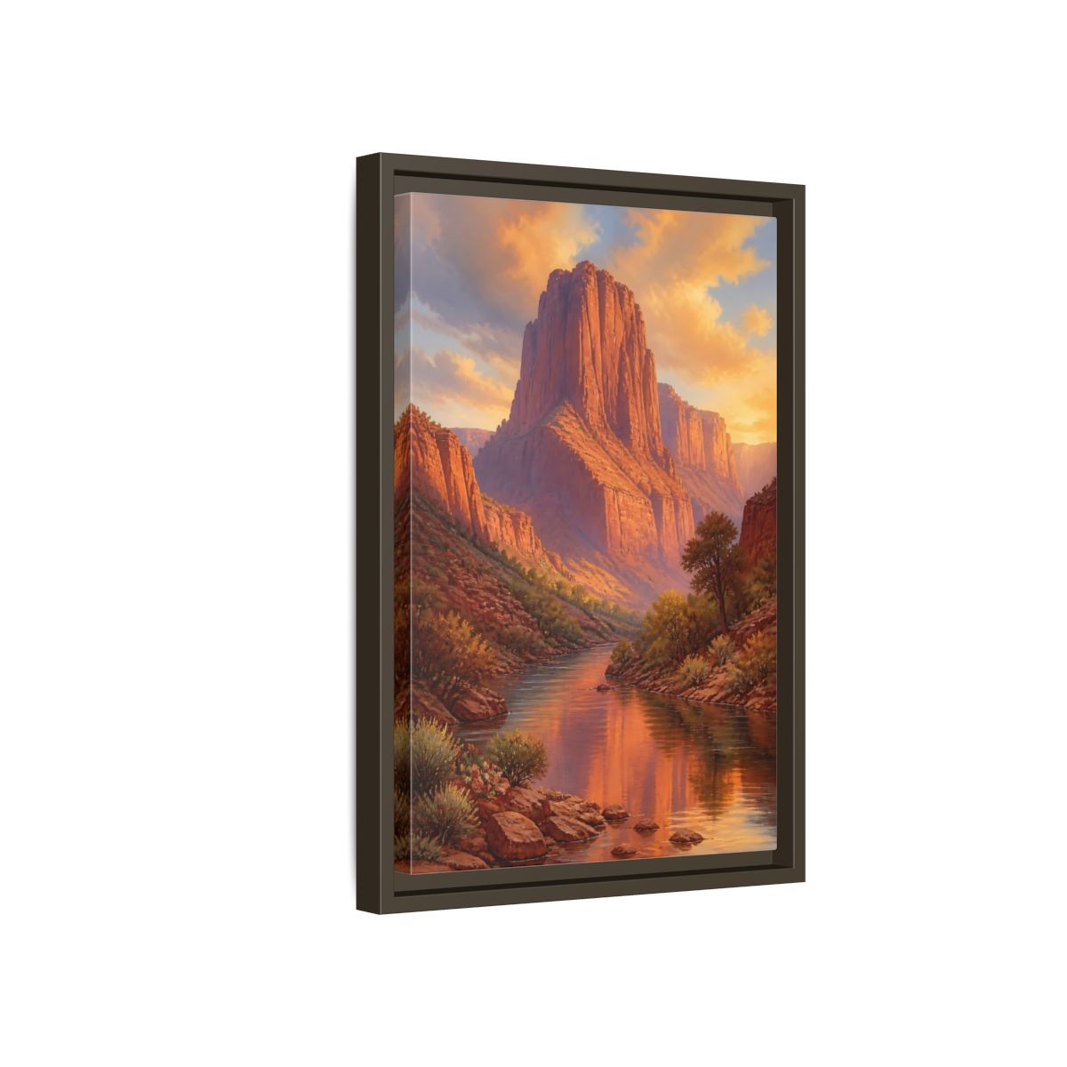 Nature Canyon River Orange Framed Canvas Wall Art - Living Room, Above Fireplace, Warm Tones shown as canvas wall art