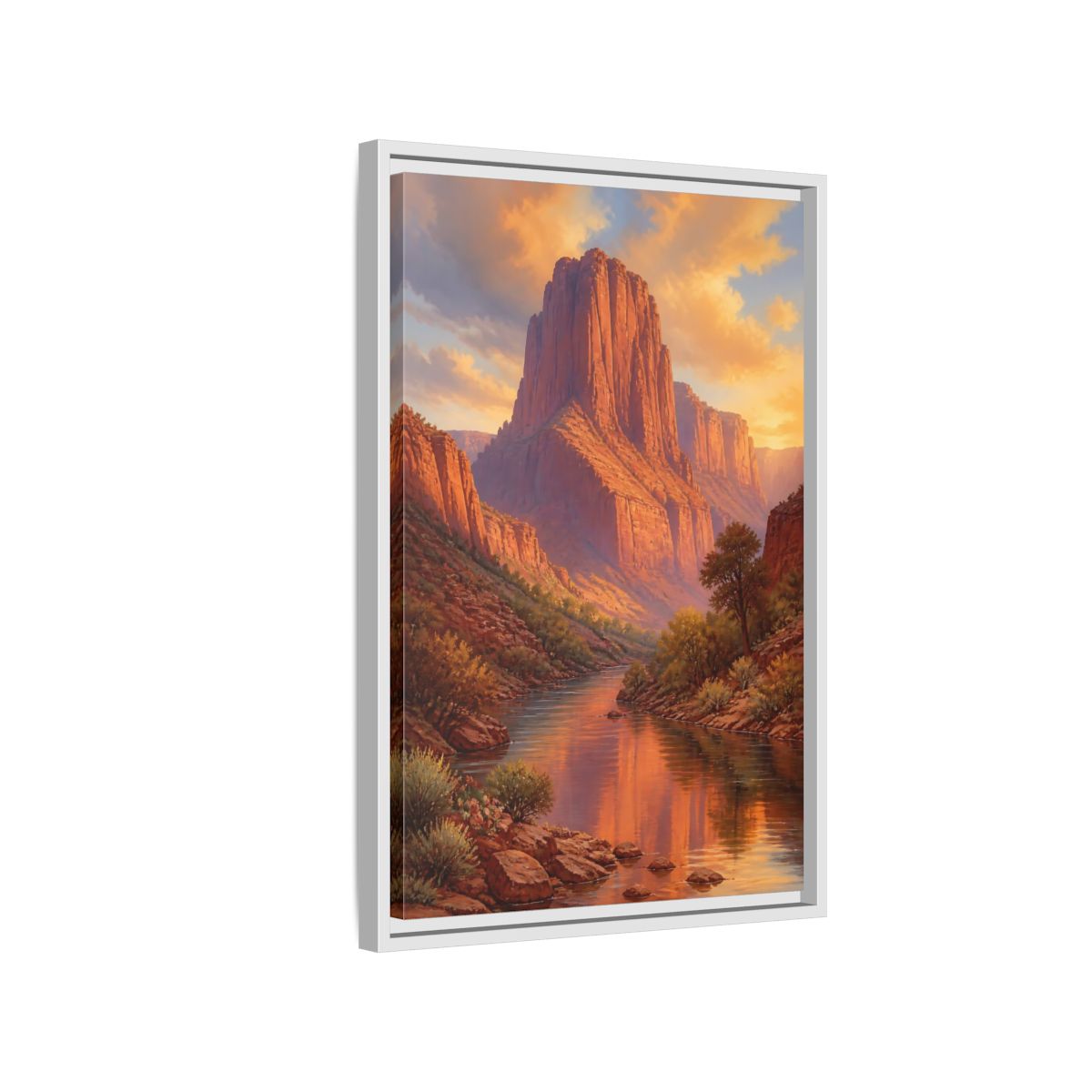 Nature Canyon River Orange Framed Canvas Wall Art - Living Room, Above Fireplace, Warm Tones shown as canvas wall art