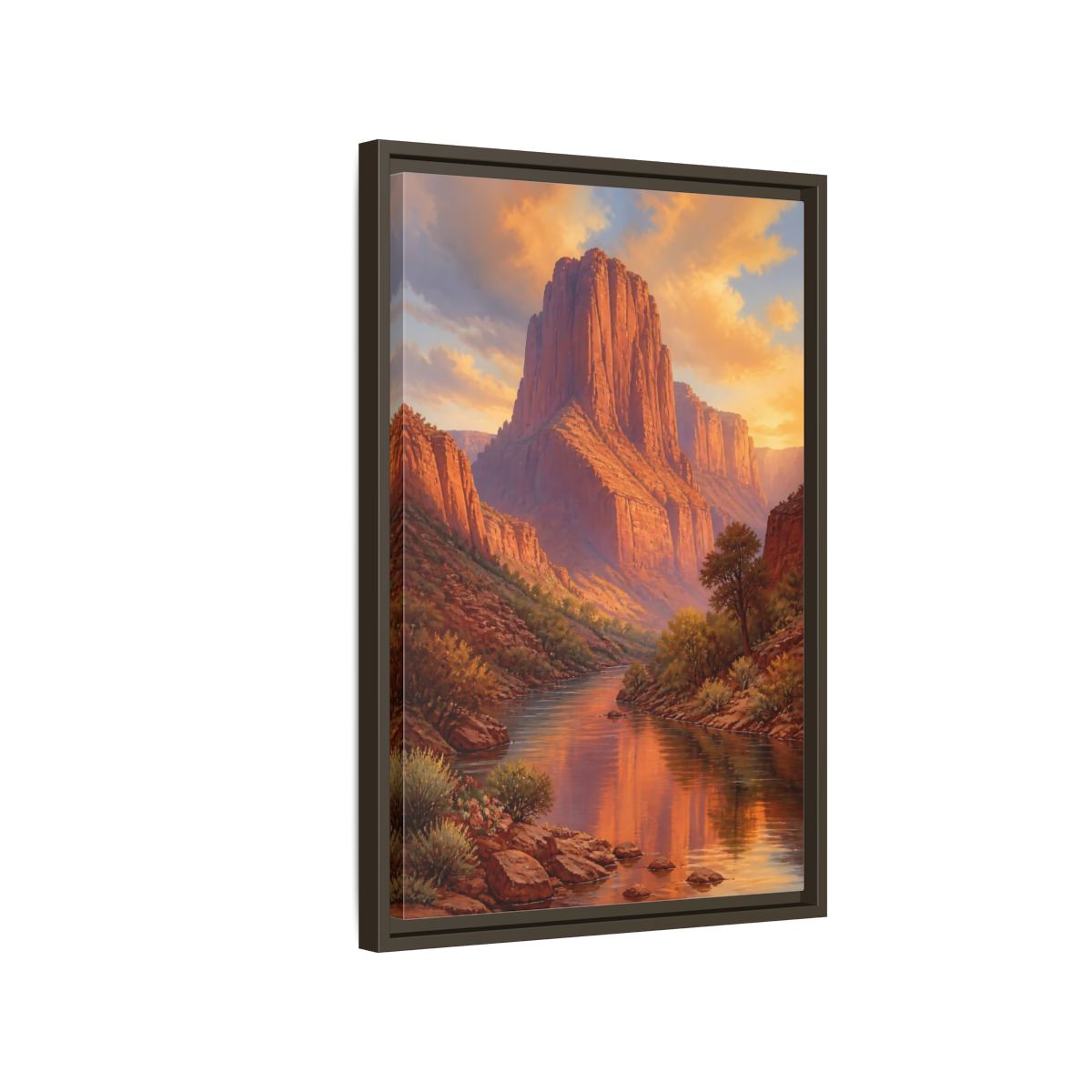 Nature Canyon River Orange Framed Canvas Wall Art - Living Room, Above Fireplace, Warm Tones shown as canvas wall art