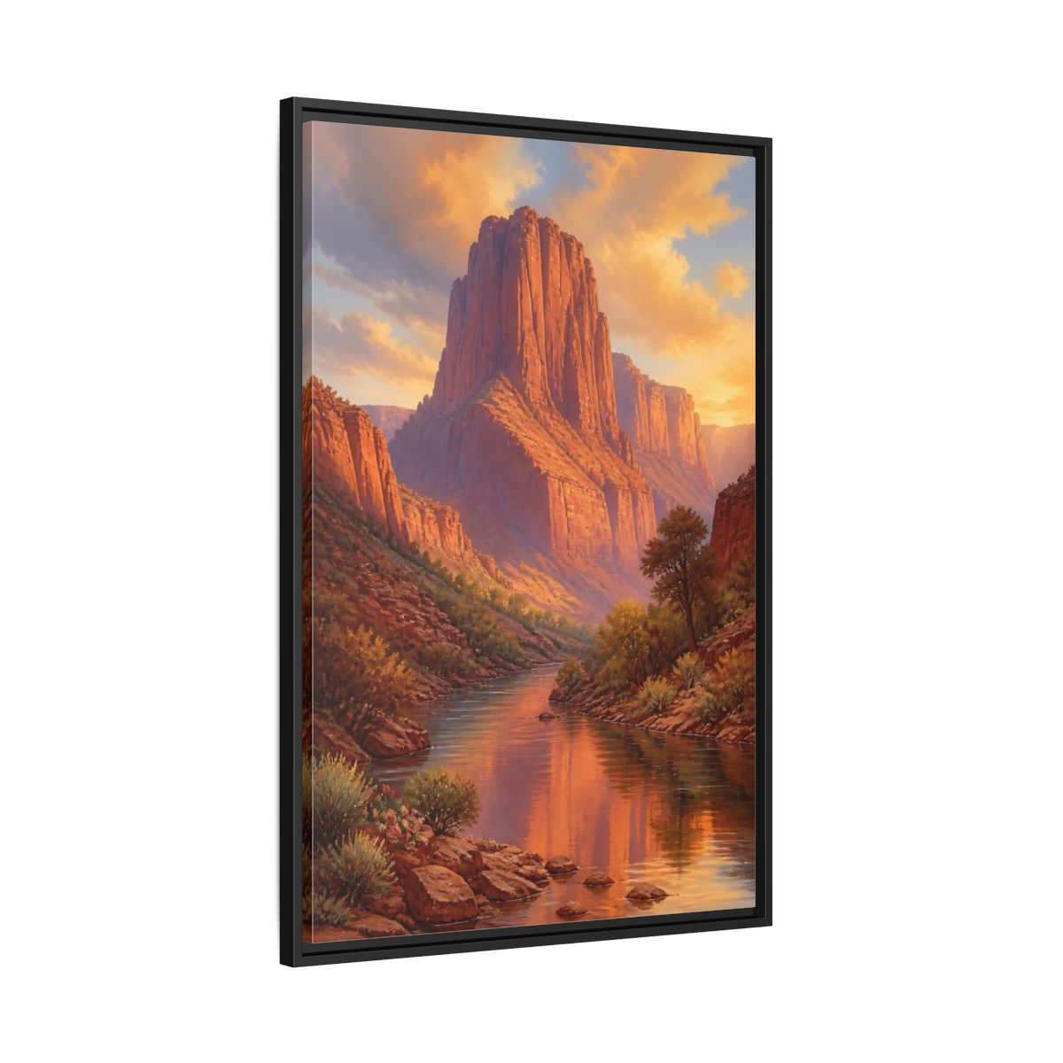 Nature Canyon River Orange Framed Canvas Wall Art - Living Room, Above Fireplace, Warm Tones shown as canvas wall art