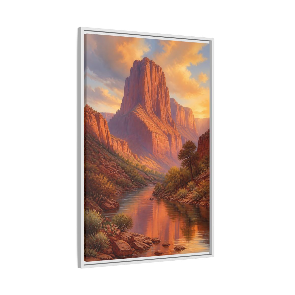 Nature Canyon River Orange Framed Canvas Wall Art - Living Room, Above Fireplace, Warm Tones shown as canvas wall art
