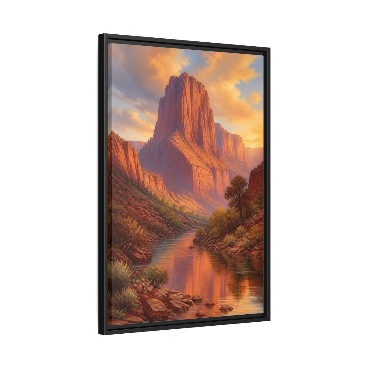 Nature Canyon River Orange Framed Canvas Wall Art - Living Room, Above Fireplace, Warm Tones shown as canvas wall art