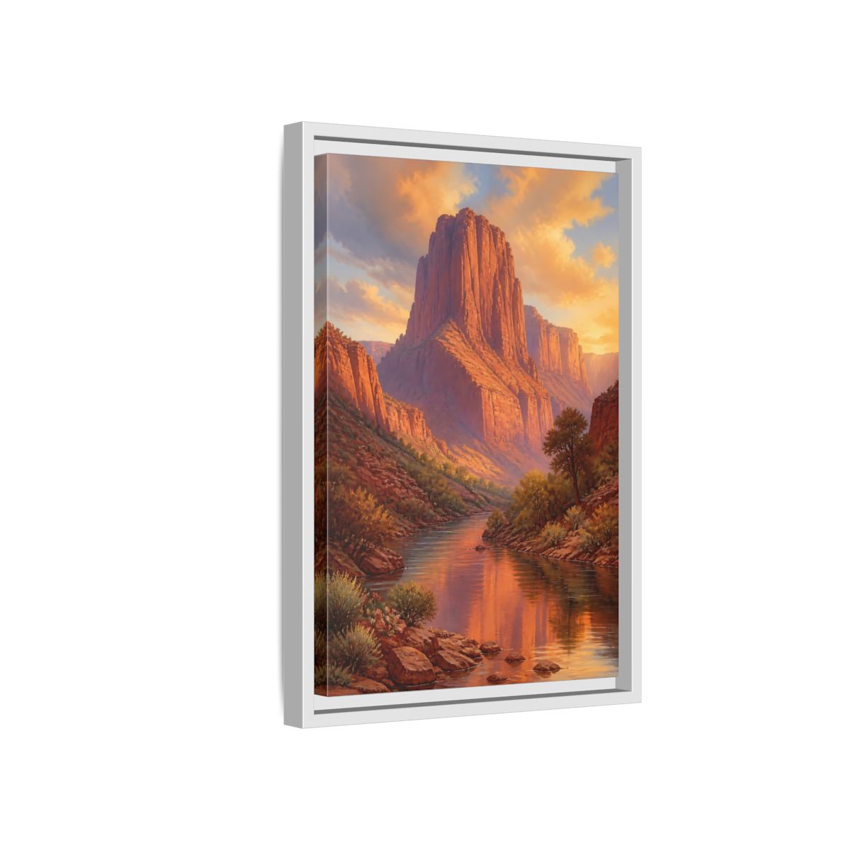Nature Canyon River Orange Framed Canvas Wall Art - Living Room, Above Fireplace, Warm Tones shown as canvas wall art