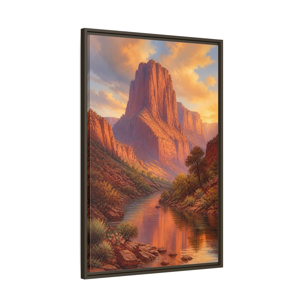 Nature Canyon River Orange Framed Canvas Wall Art - Living Room, Above Fireplace, Warm Tones shown as canvas wall art