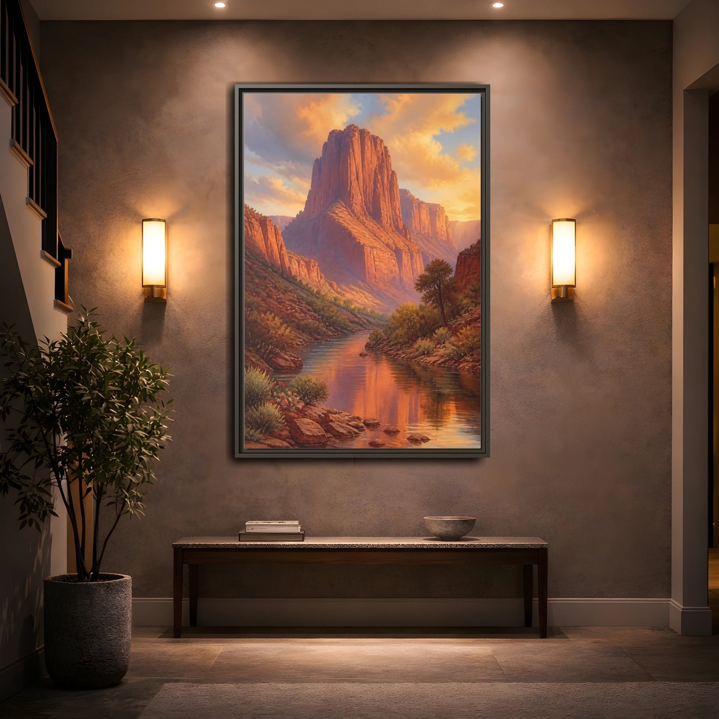 Nature Canyon River Orange Framed Canvas Wall Art - Living Room, Above Fireplace, Warm Tones shown as canvas wall art