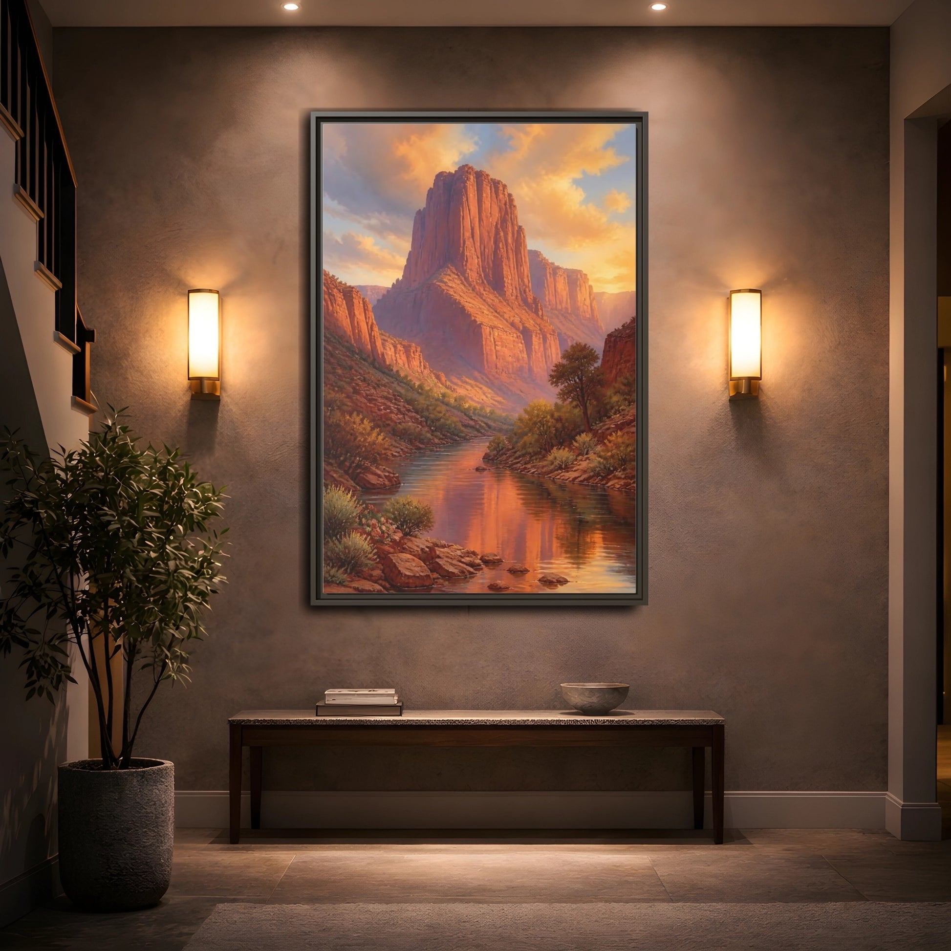 Nature Canyon River Orange Framed Canvas Wall Art - Living Room, Above Fireplace, Warm Tones shown as canvas wall art