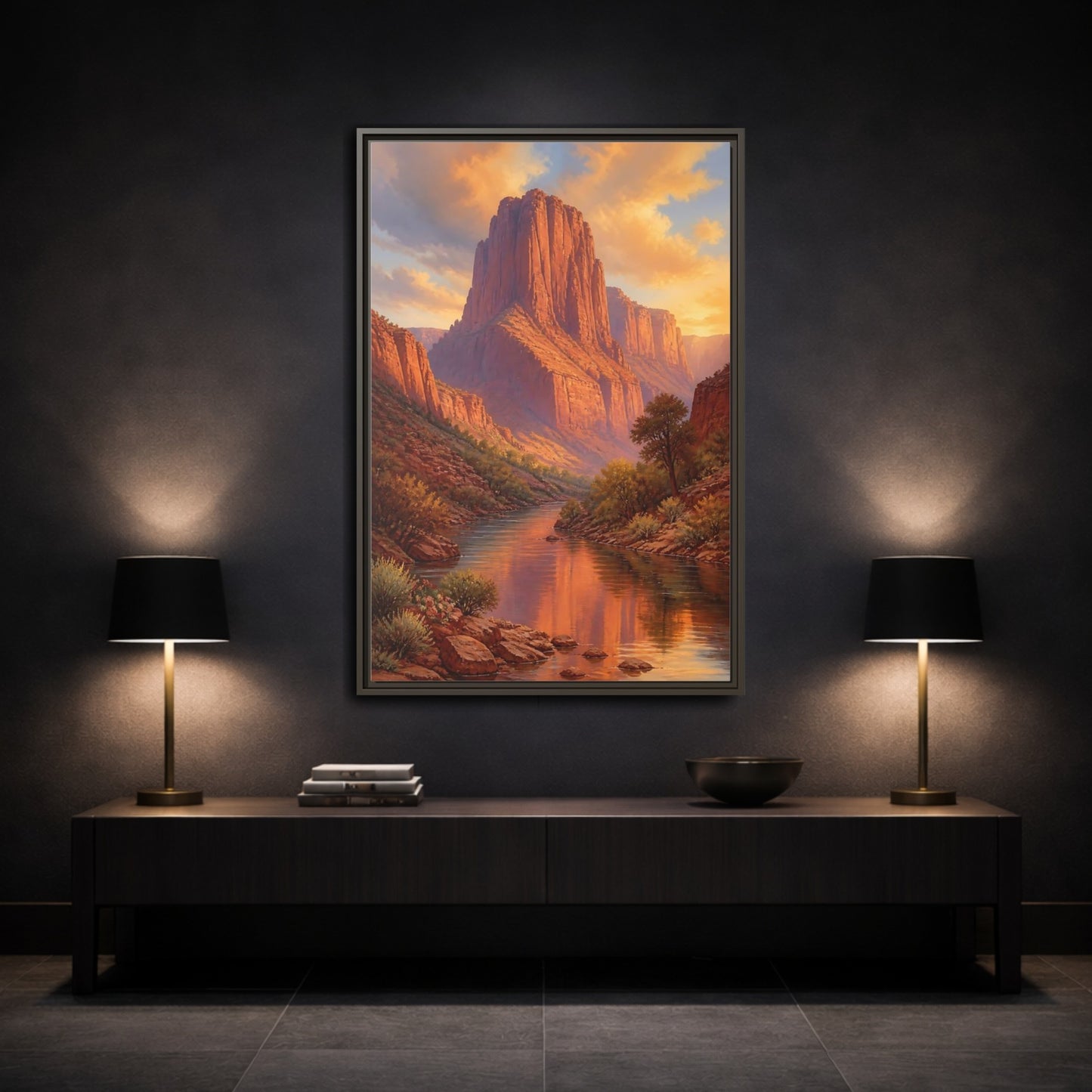 Nature Canyon River Orange Framed Canvas Wall Art - Living Room, Above Fireplace, Warm Tones shown as canvas wall art