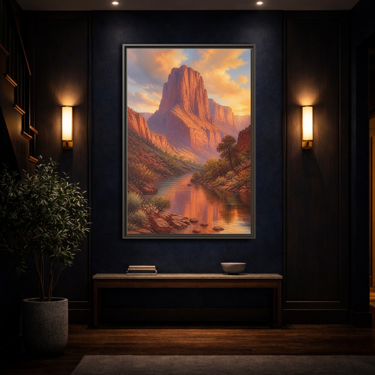 Nature Canyon River Orange Framed Canvas Wall Art - Living Room, Above Fireplace, Warm Tones shown as canvas wall art
