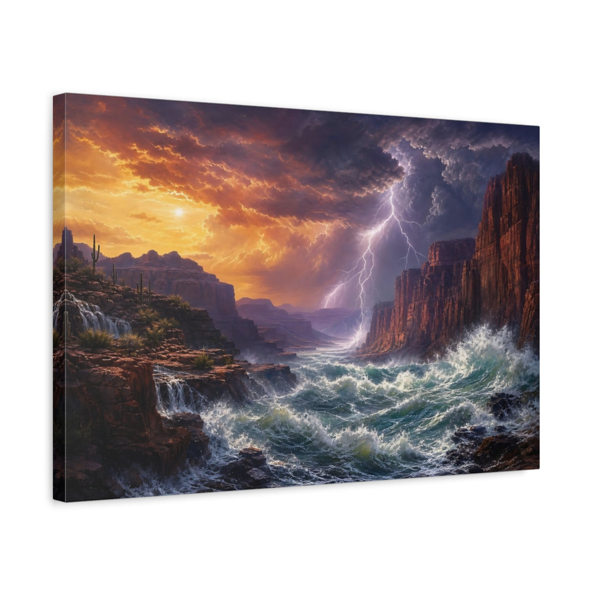 Side Mockup 3. Nature Canyon River Canyon Storm shown as stretched canvas wall art