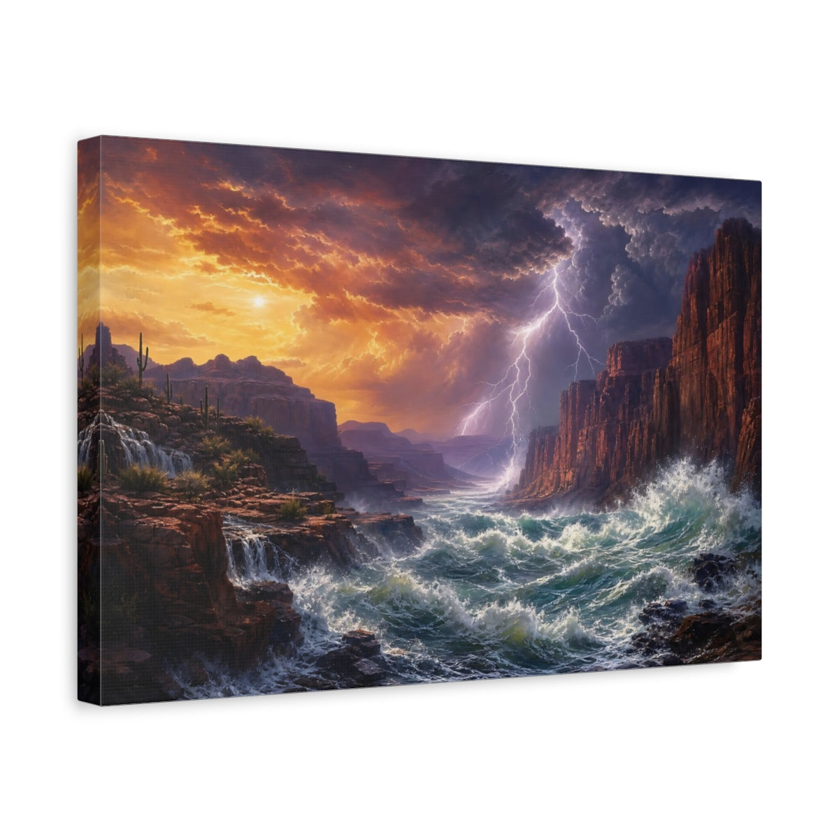 Side Mockup 4. Nature Canyon River Canyon Storm shown as stretched canvas wall art