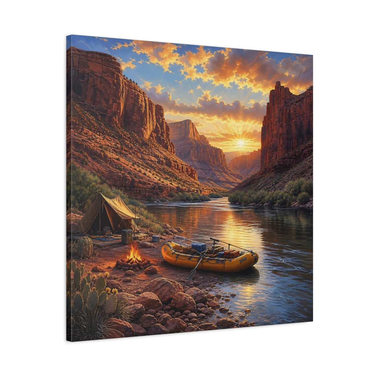Side Mockup 3. Nature Canyon River Sunset River Camp shown as stretched canvas wall art