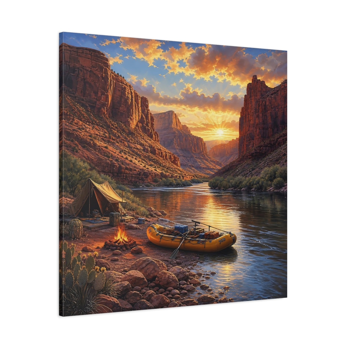 Side Mockup 1. Nature Canyon River Sunset River Camp shown as stretched canvas wall art