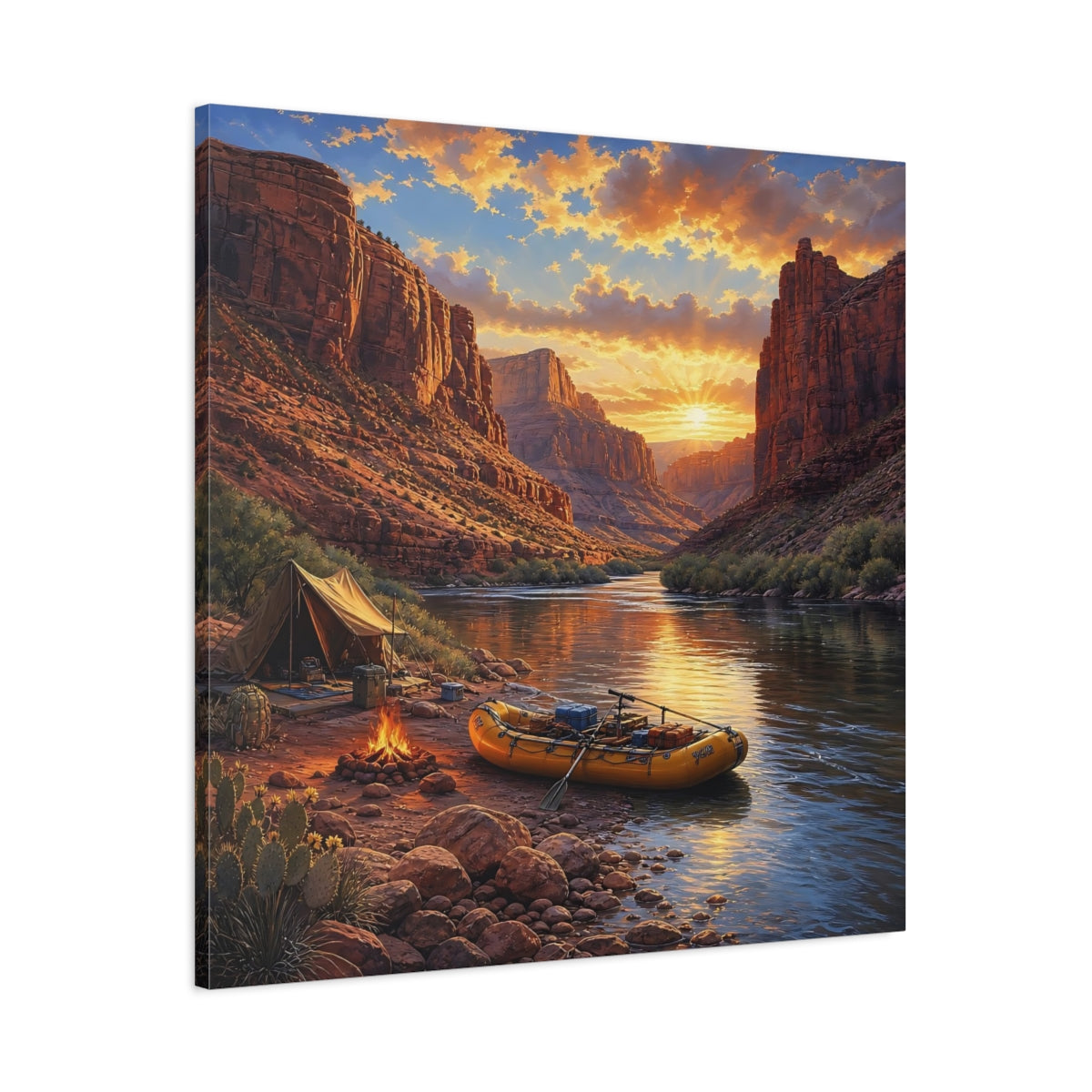 Main Mockup. Nature Canyon River Sunset River Camp shown as stretched canvas wall art