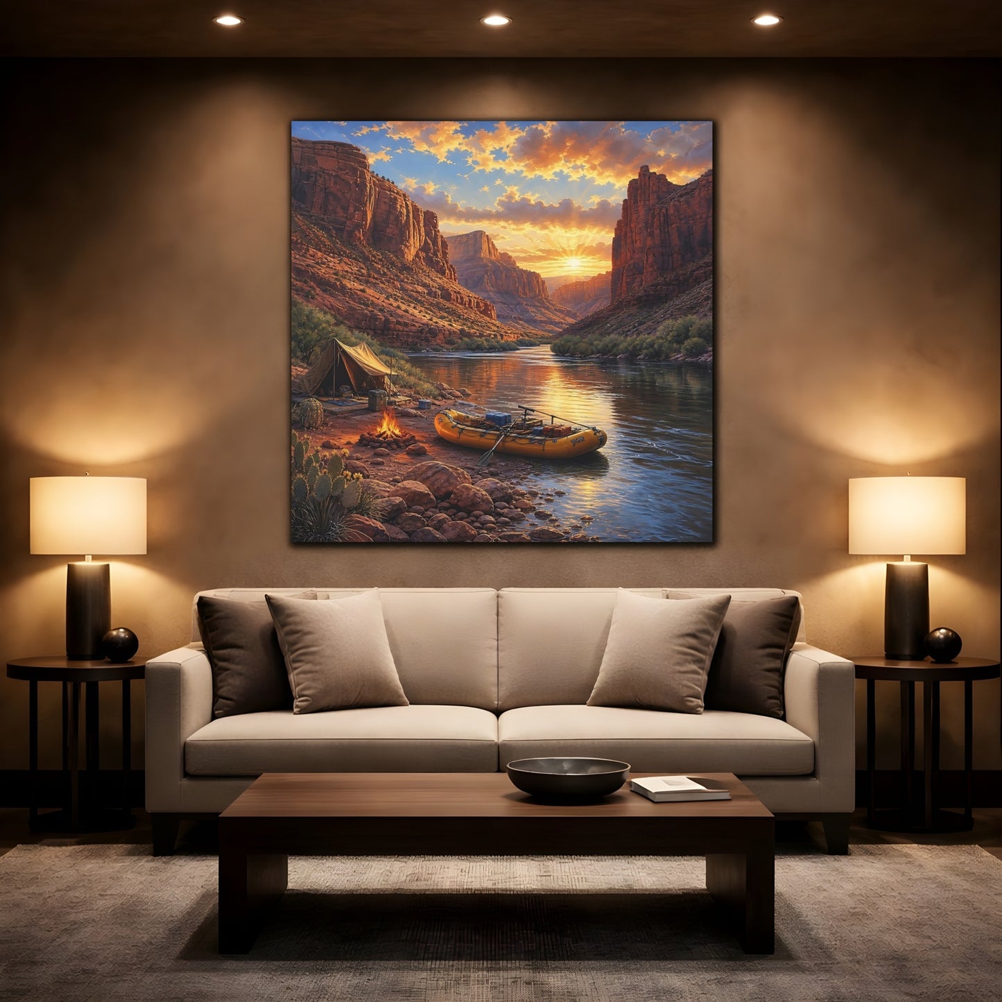 Mockup 2. Nature Canyon River Sunset River Camp shown as stretched canvas wall art
