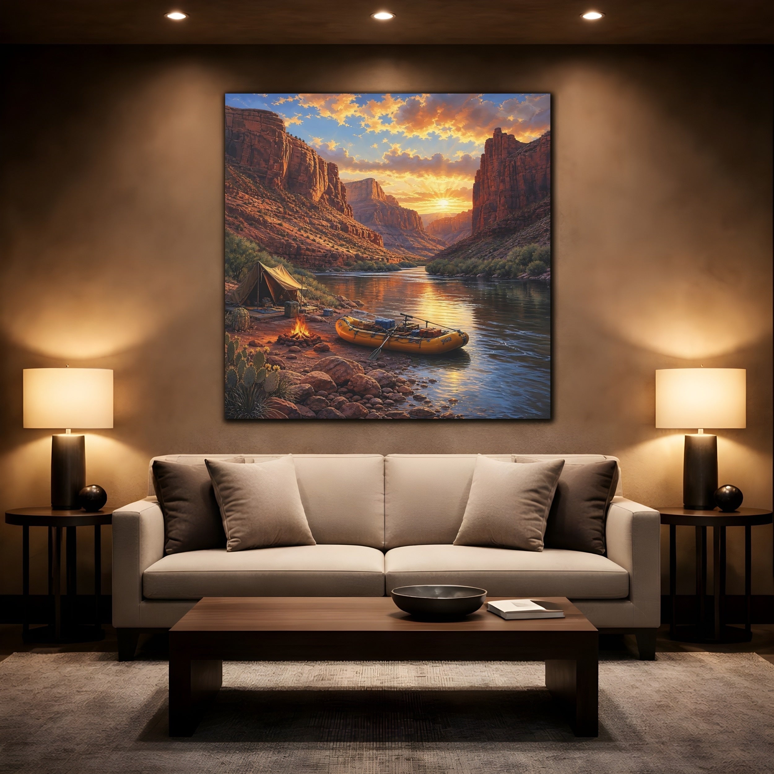 Mockup 2. Nature Canyon River Sunset River Camp shown as stretched canvas wall art
