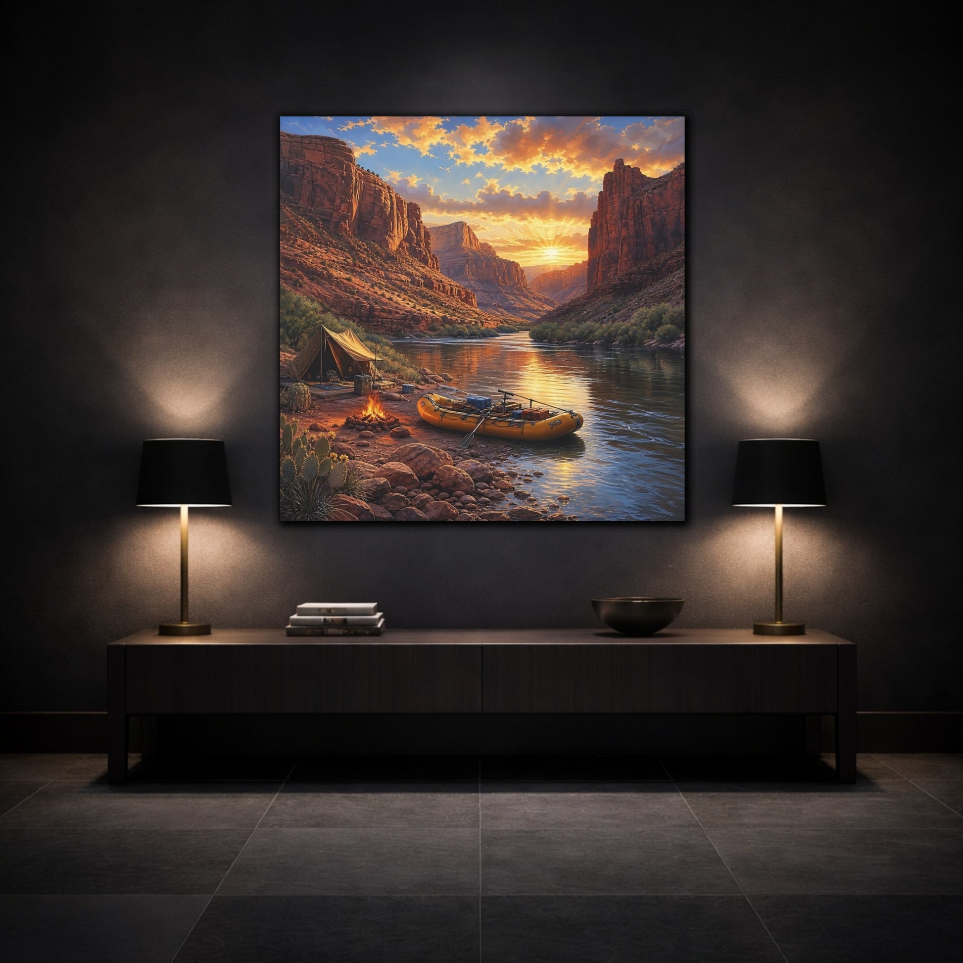 Mockup 3. Nature Canyon River Sunset River Camp shown as stretched canvas wall art