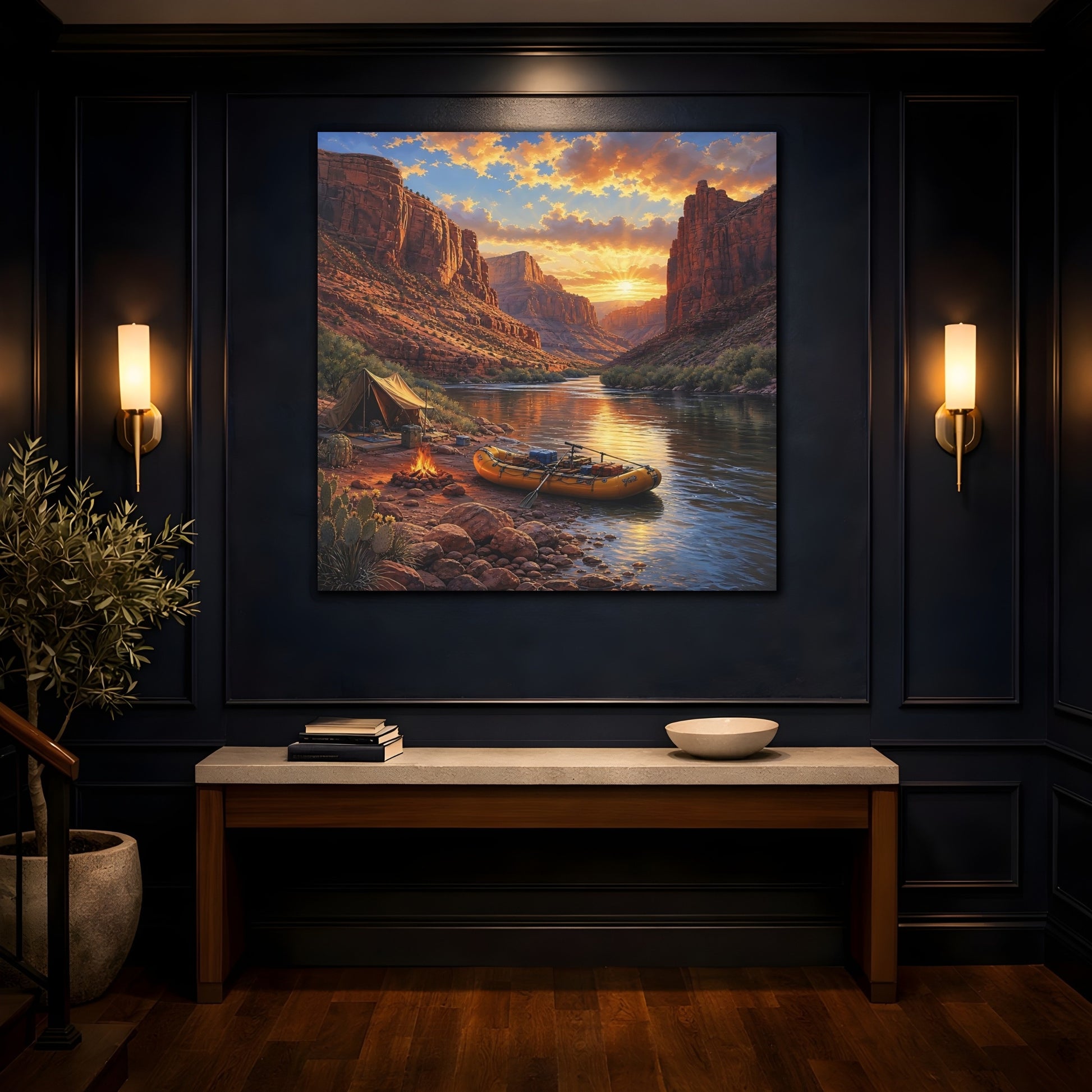 Mockup 4. Nature Canyon River Sunset River Camp shown as stretched canvas wall art