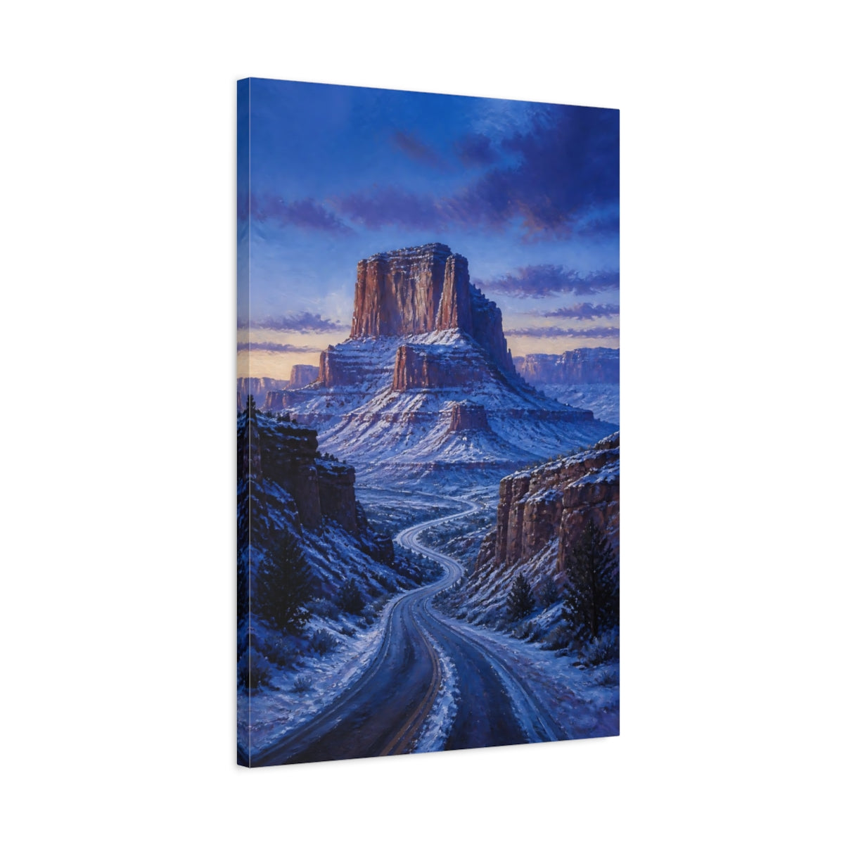 Side Mockup 2. Nature Canyon Road Blue And White Landscape shown as stretched canvas wall art