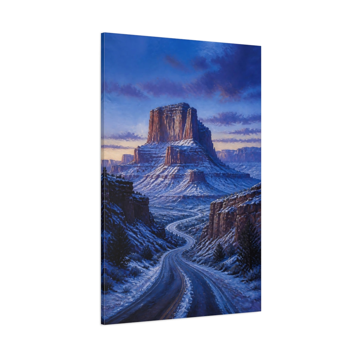 Side Mockup 1. Nature Canyon Road Blue And White Landscape shown as stretched canvas wall art