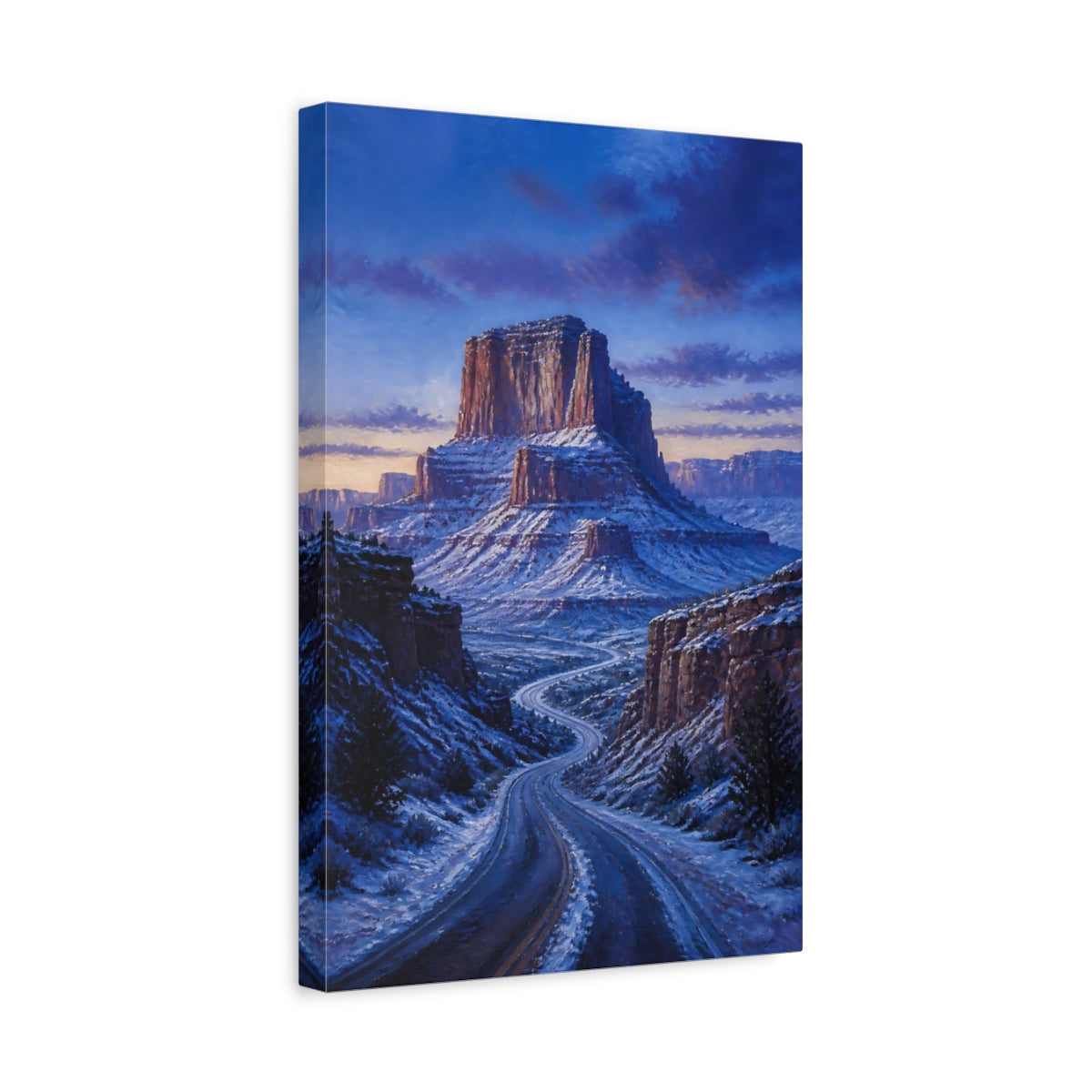 Side Mockup 4. Nature Canyon Road Blue And White Landscape shown as stretched canvas wall art