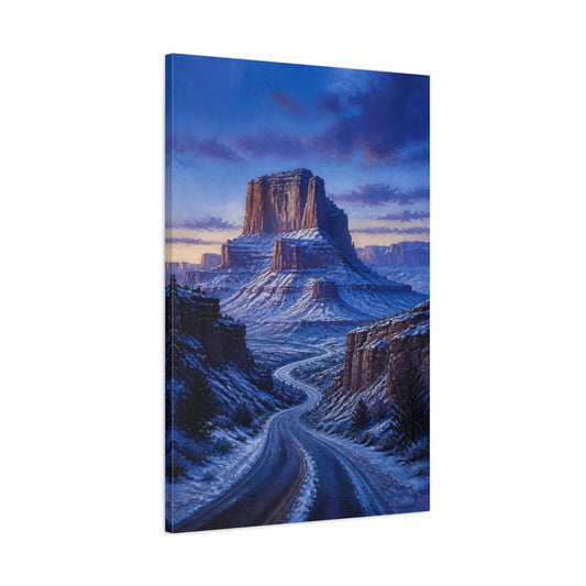 Main Mockup. Nature Canyon Road Blue And White Landscape shown as stretched canvas wall art