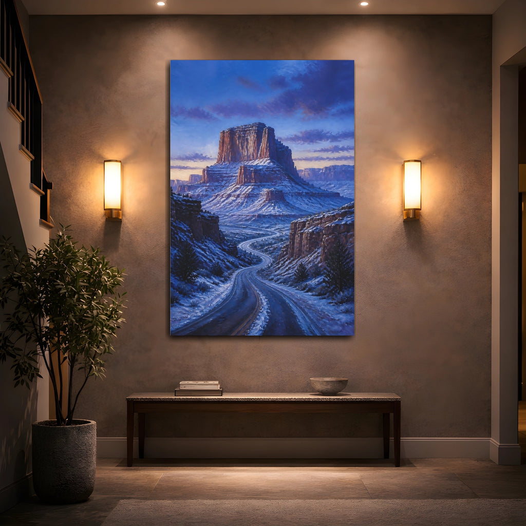 Mockup 2. Nature Canyon Road Blue And White Landscape shown as stretched canvas wall art