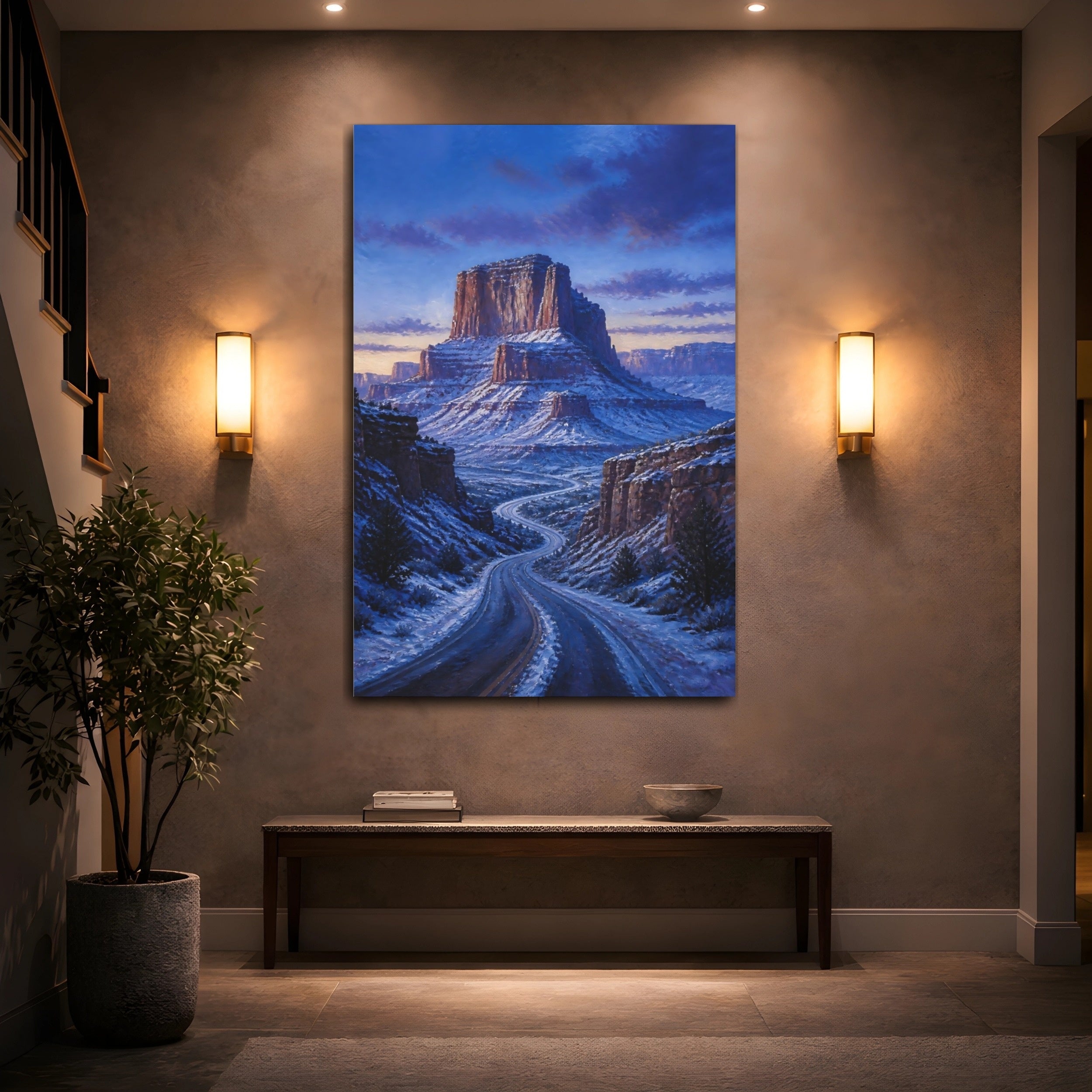 Mockup 2. Nature Canyon Road Blue And White Landscape shown as stretched canvas wall art