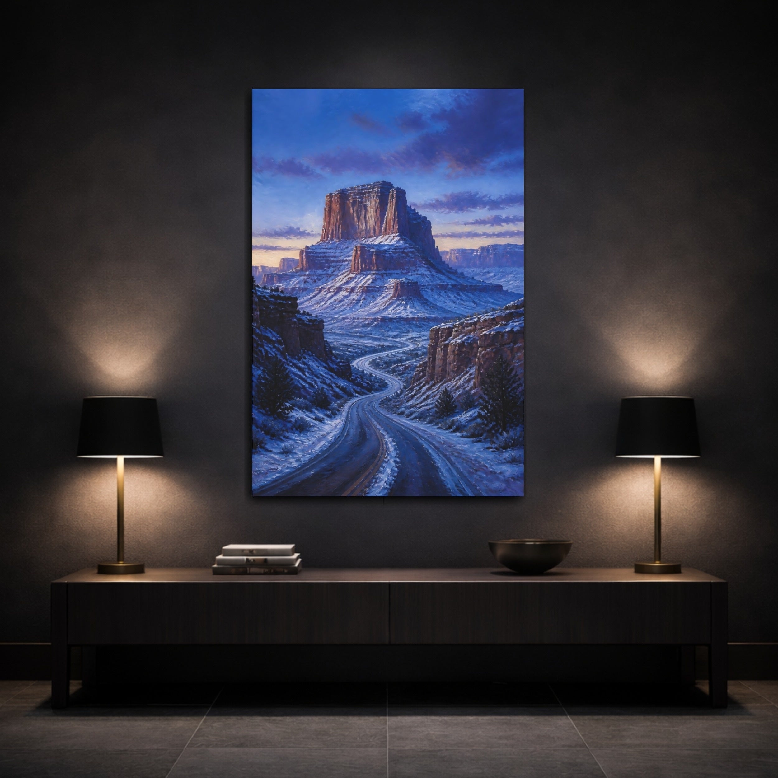 Mockup 3. Nature Canyon Road Blue And White Landscape shown as stretched canvas wall art