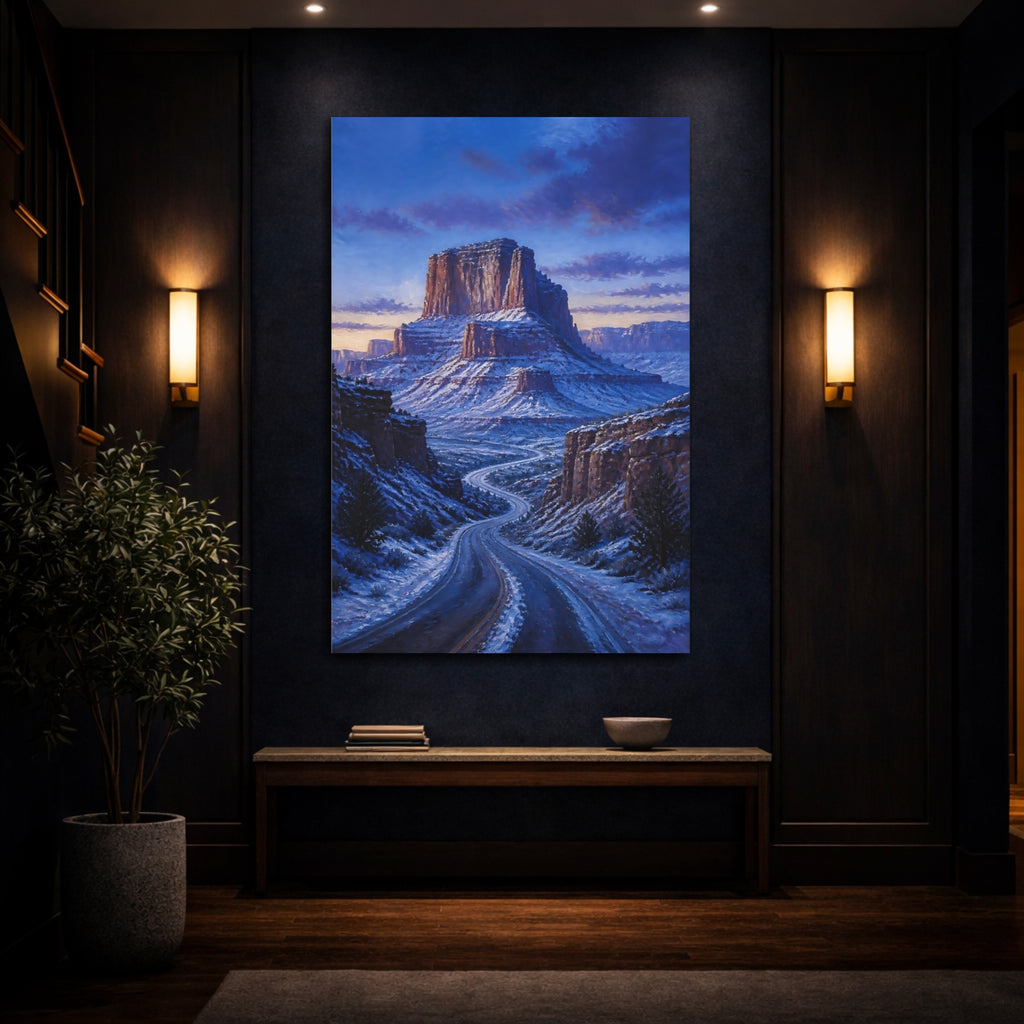 Mockup 4. Nature Canyon Road Blue And White Landscape shown as stretched canvas wall art