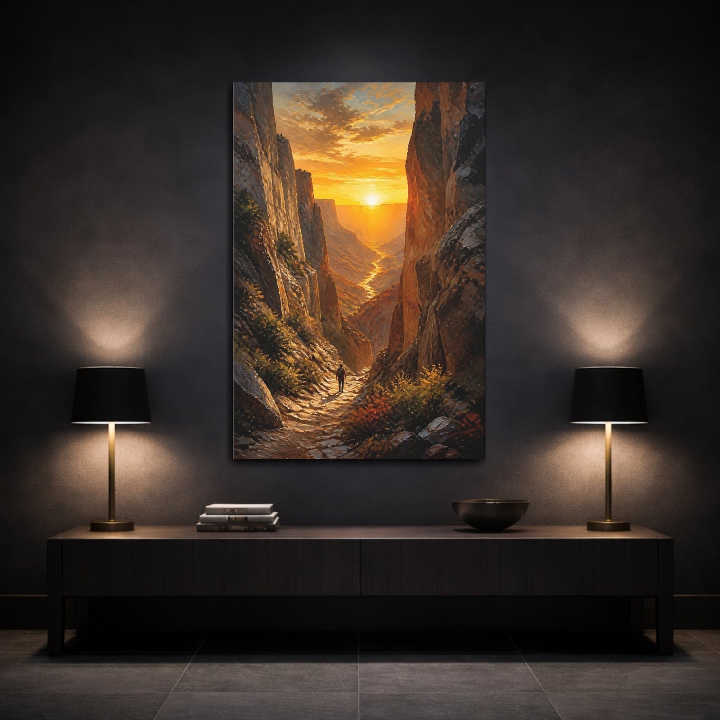 Mockup 3. Nature Canyon Sunset Golden Canyon shown as stretched canvas wall art