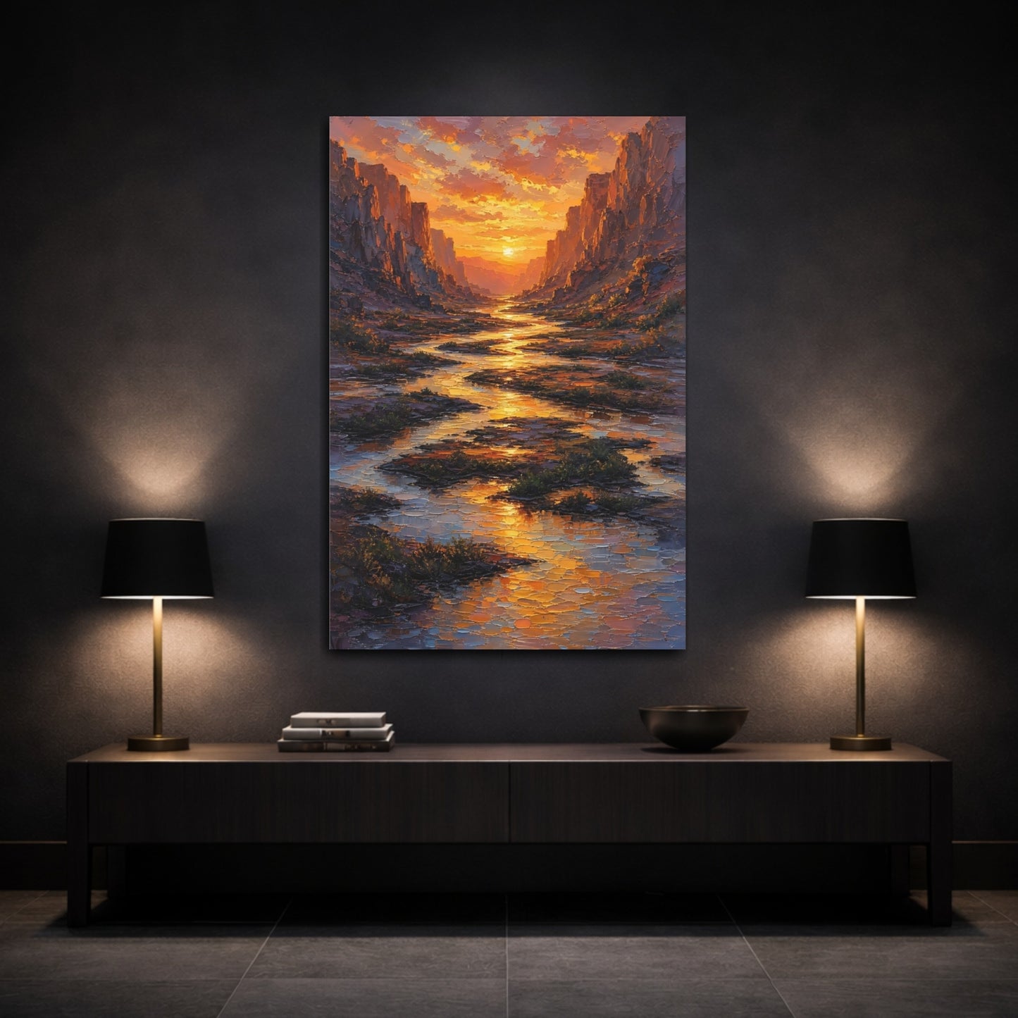 Mockup 3. Nature Canyon Sunset Orange Yellow Sunset shown as stretched canvas wall art