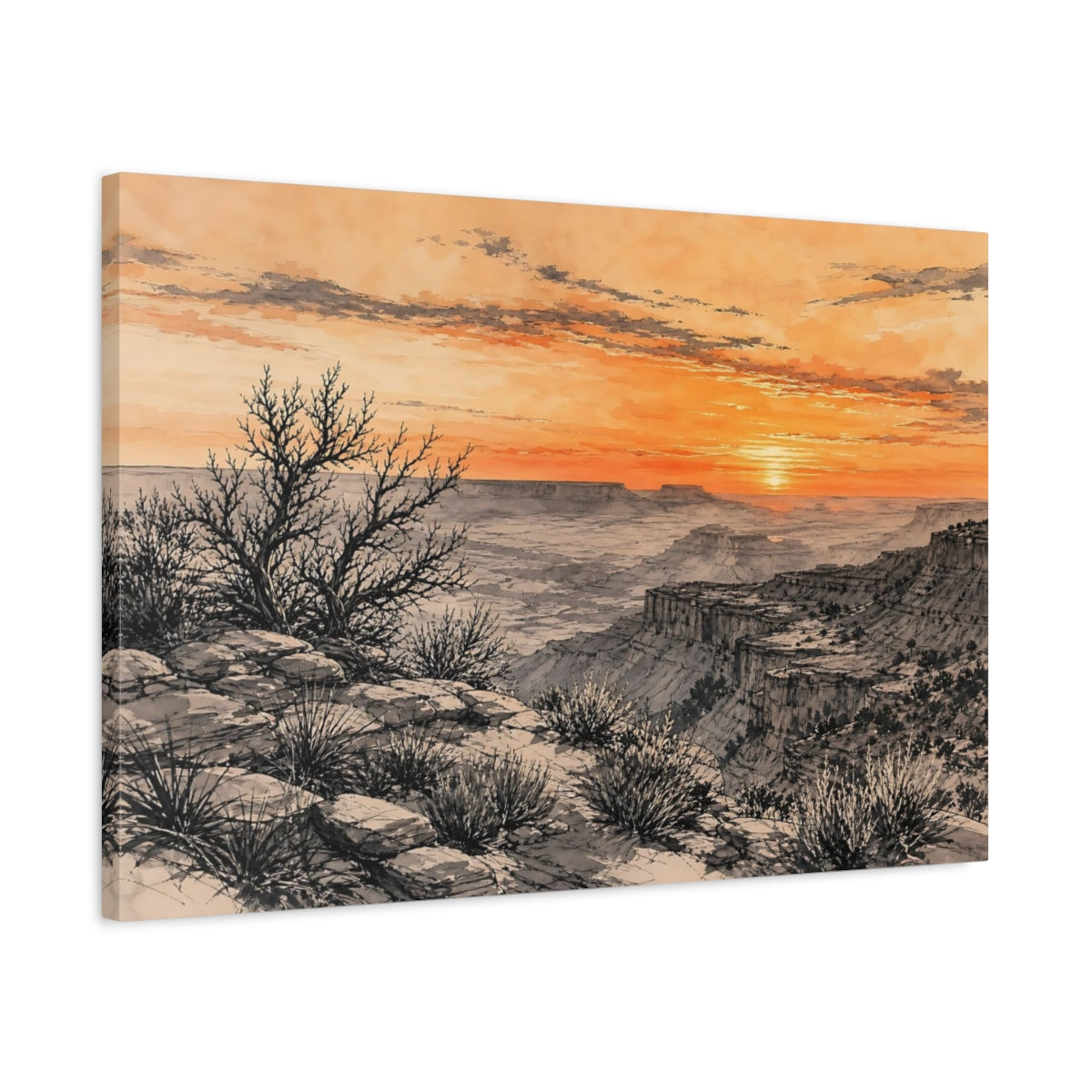 Side Mockup 2. Nature Canyon View Orange Grey Canyon shown as stretched canvas wall art