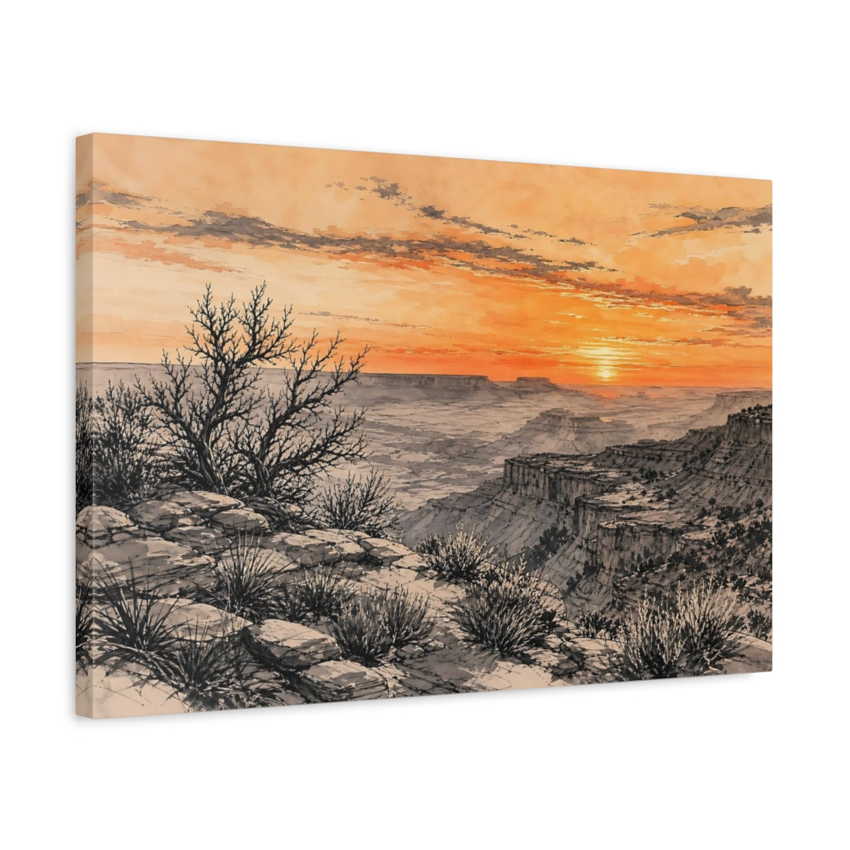 Side Mockup 3. Nature Canyon View Orange Grey Canyon shown as stretched canvas wall art
