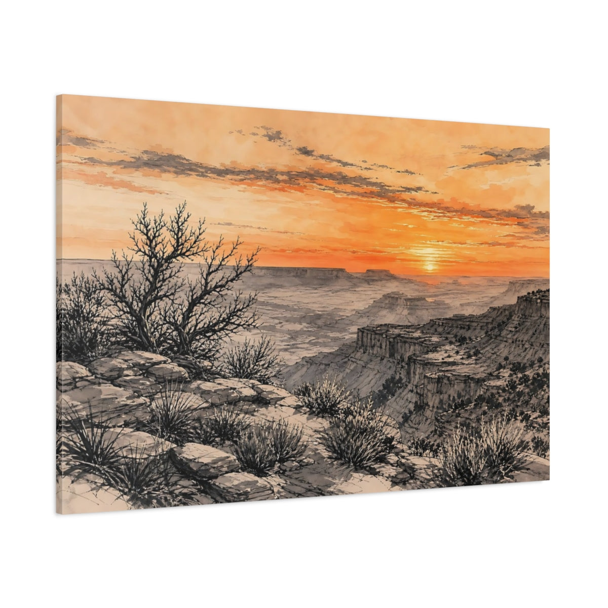 Side Mockup 1. Nature Canyon View Orange Grey Canyon shown as stretched canvas wall art