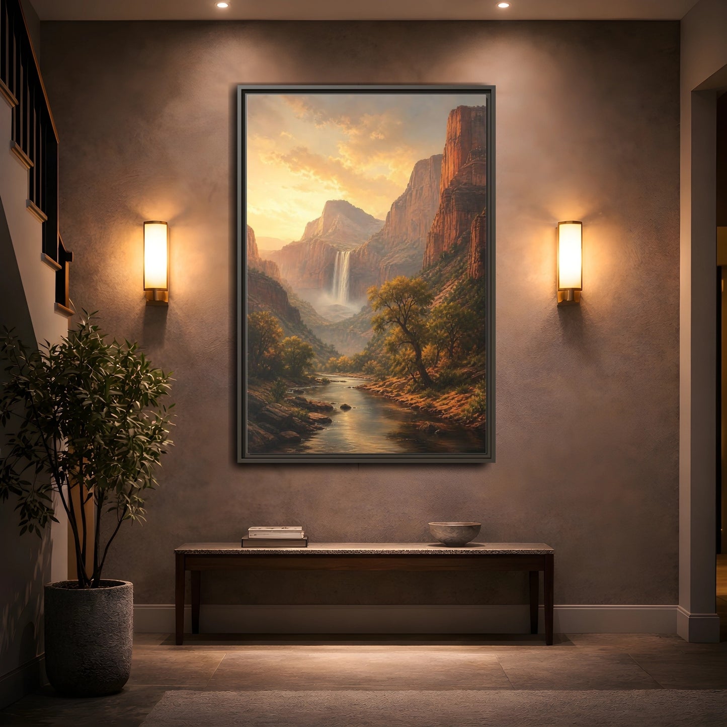Nature Canyon Waterfall Golden Framed Canvas Wall Art - Realistic Living Room, Above Couch shown as canvas wall art