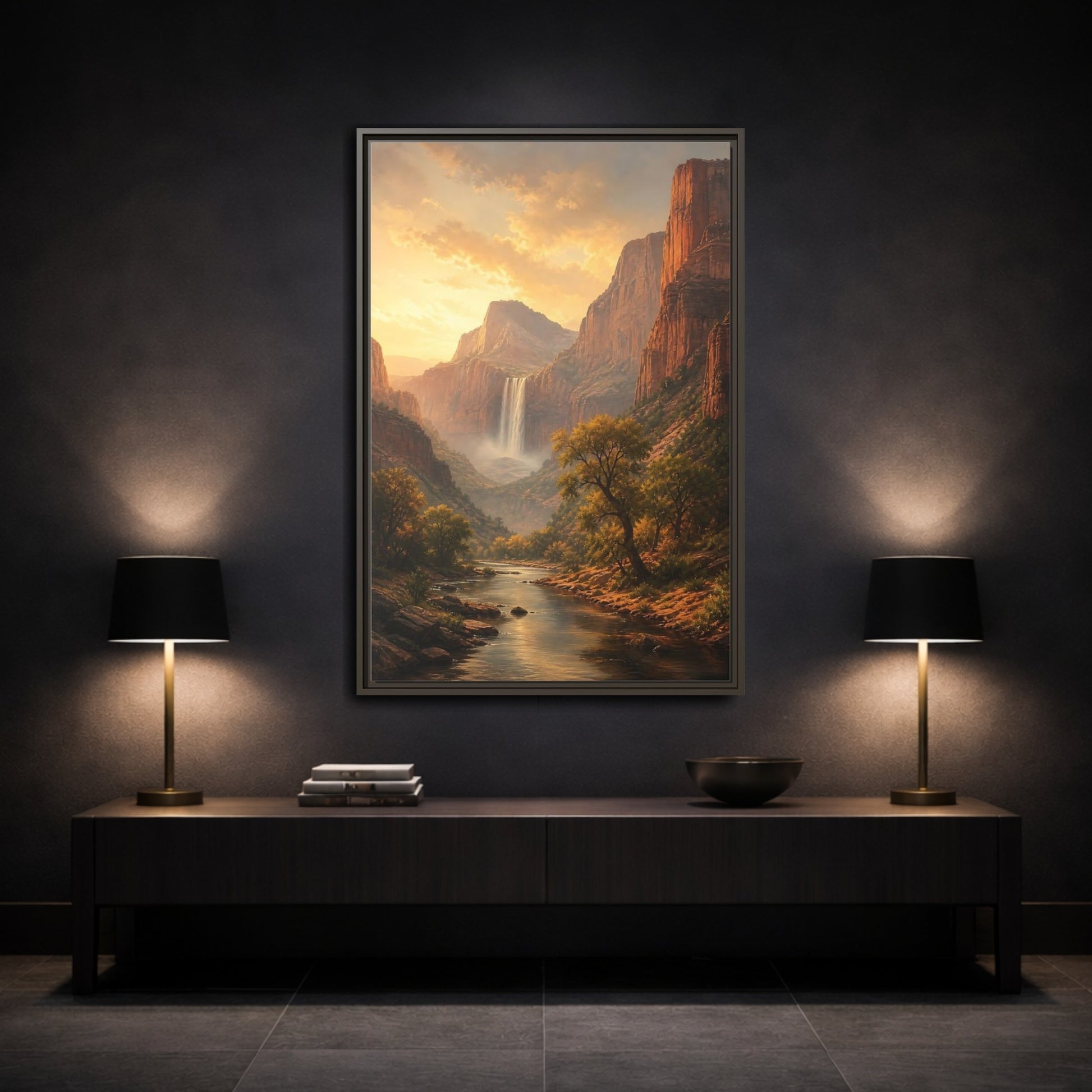 Nature Canyon Waterfall Golden Framed Canvas Wall Art - Realistic Living Room, Above Couch shown as canvas wall art