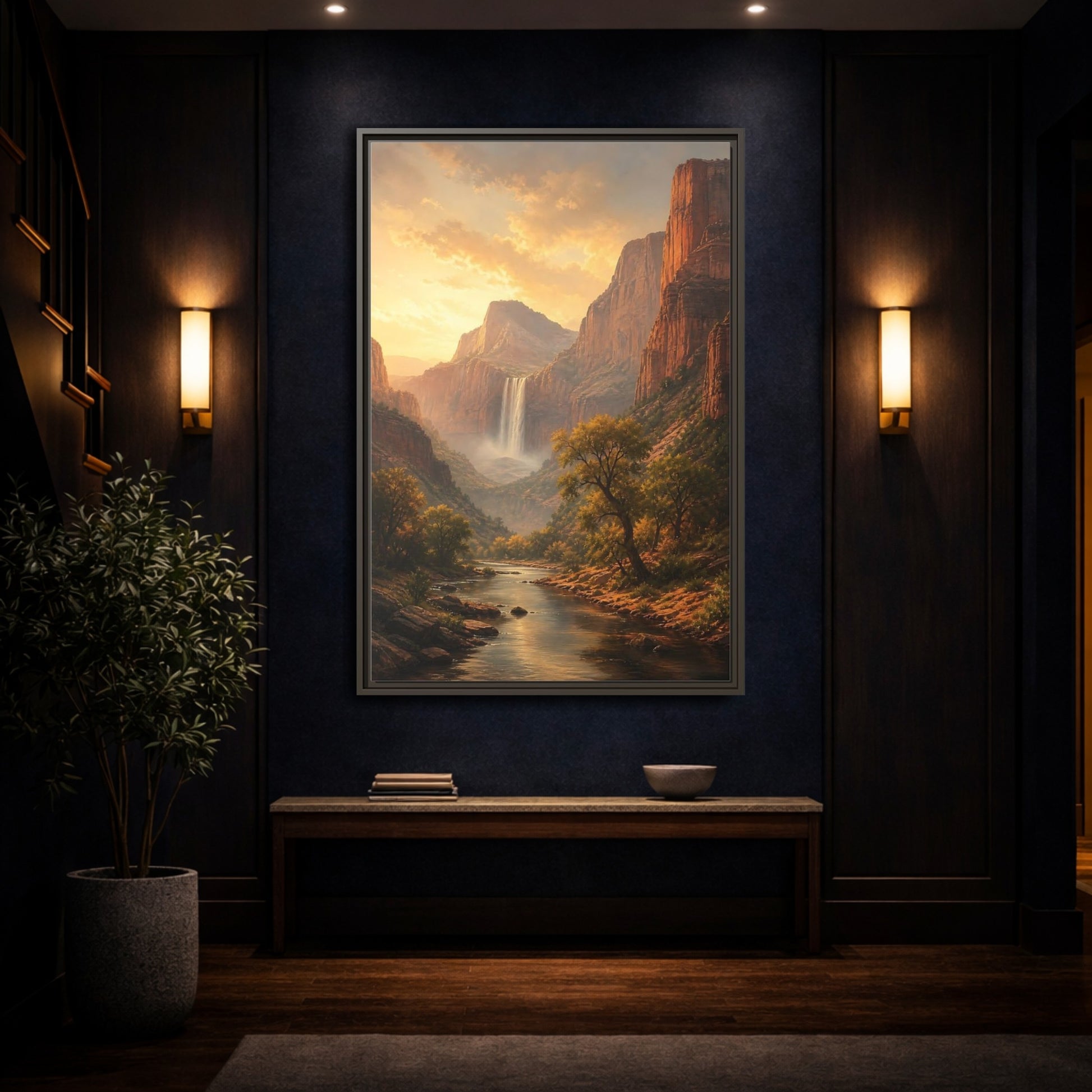 Nature Canyon Waterfall Golden Framed Canvas Wall Art - Realistic Living Room, Above Couch shown as canvas wall art
