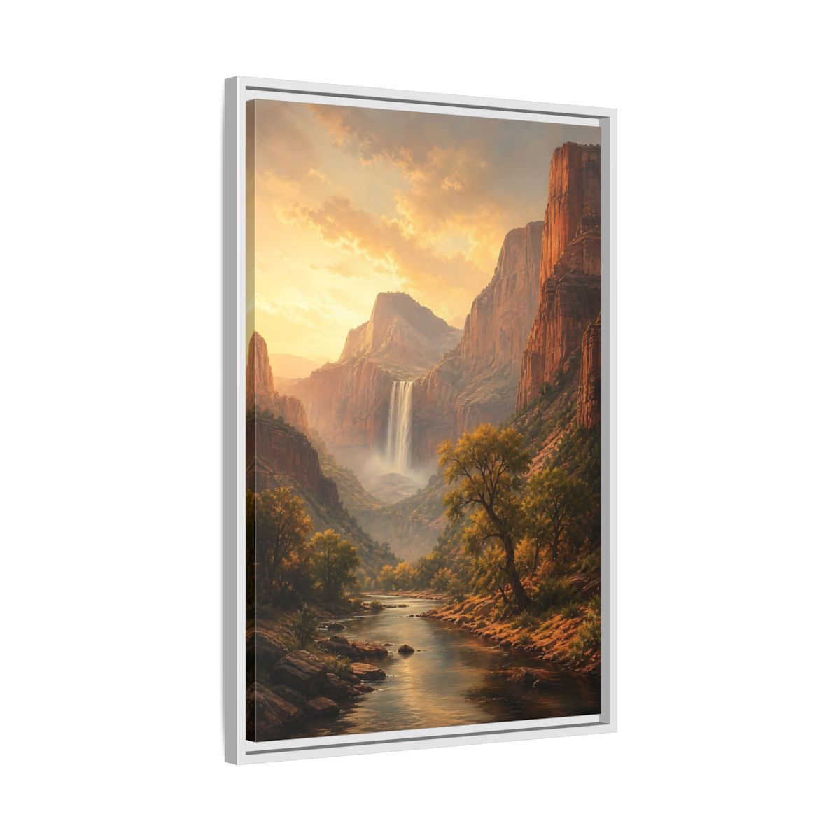 Nature Canyon Waterfall Golden Framed Canvas Wall Art - Realistic Living Room, Above Couch shown as canvas wall art
