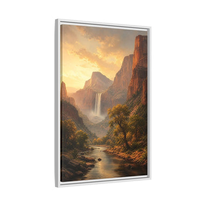 Nature Canyon Waterfall Golden Framed Canvas Wall Art - Realistic Living Room, Above Couch shown as canvas wall art