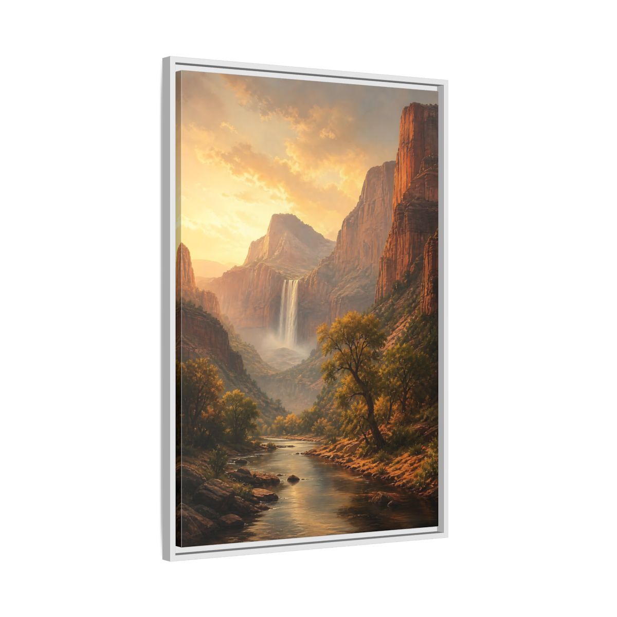 Nature Canyon Waterfall Golden Framed Canvas Wall Art - Realistic Living Room, Above Couch shown as canvas wall art
