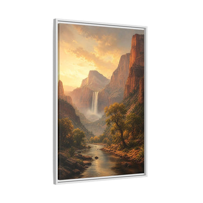 Nature Canyon Waterfall Golden Framed Canvas Wall Art - Realistic Living Room, Above Couch shown as canvas wall art