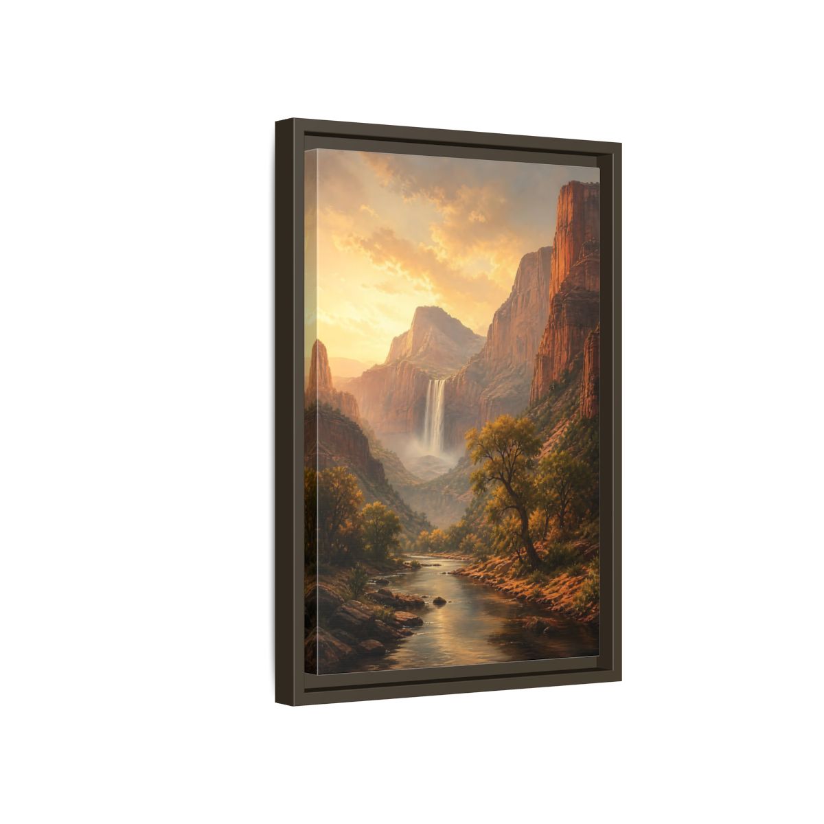 Nature Canyon Waterfall Golden Framed Canvas Wall Art - Realistic Living Room, Above Couch shown as canvas wall art